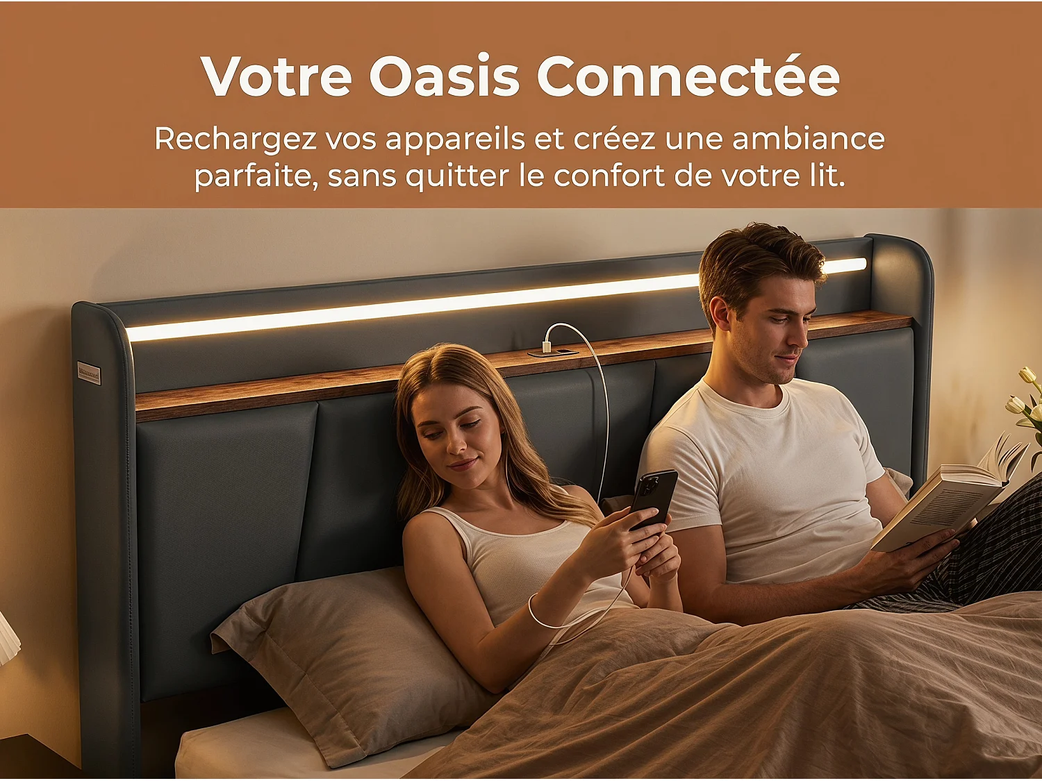 Lit avec 2 tiroirs - 140x190cm - avec LED, USB et tête de lit rangement - Gris