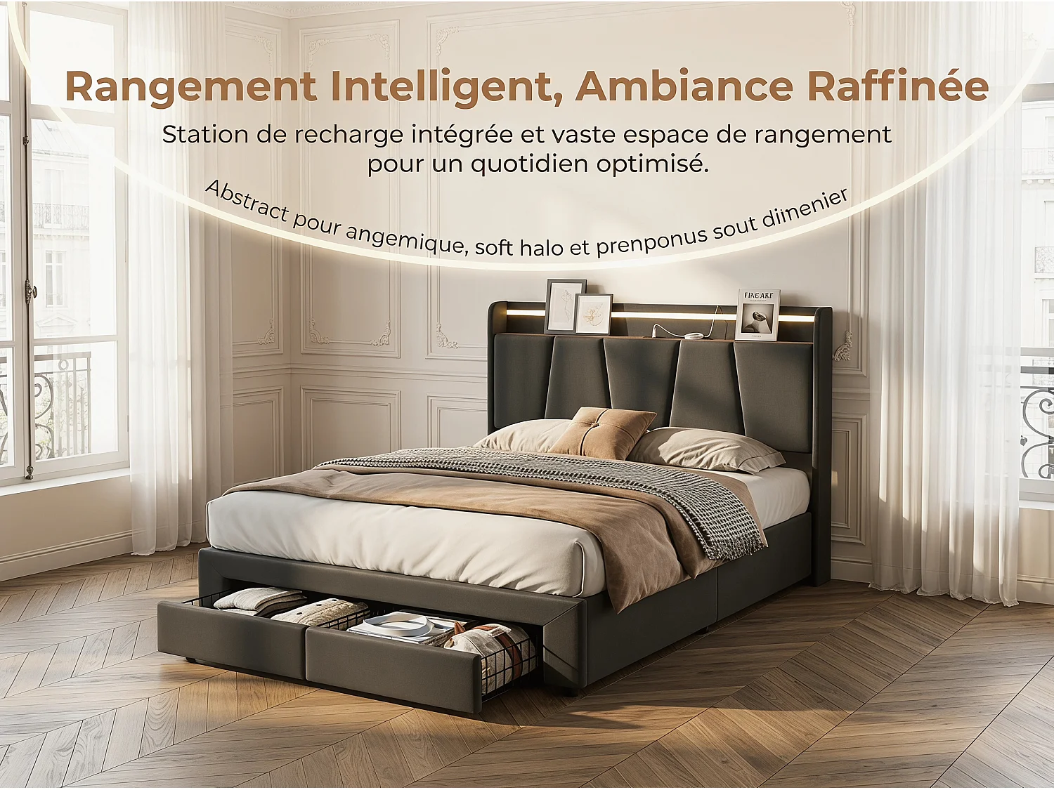 Lit avec 2 tiroirs - 140x190cm - avec LED, USB et tête de lit rangement - Gris