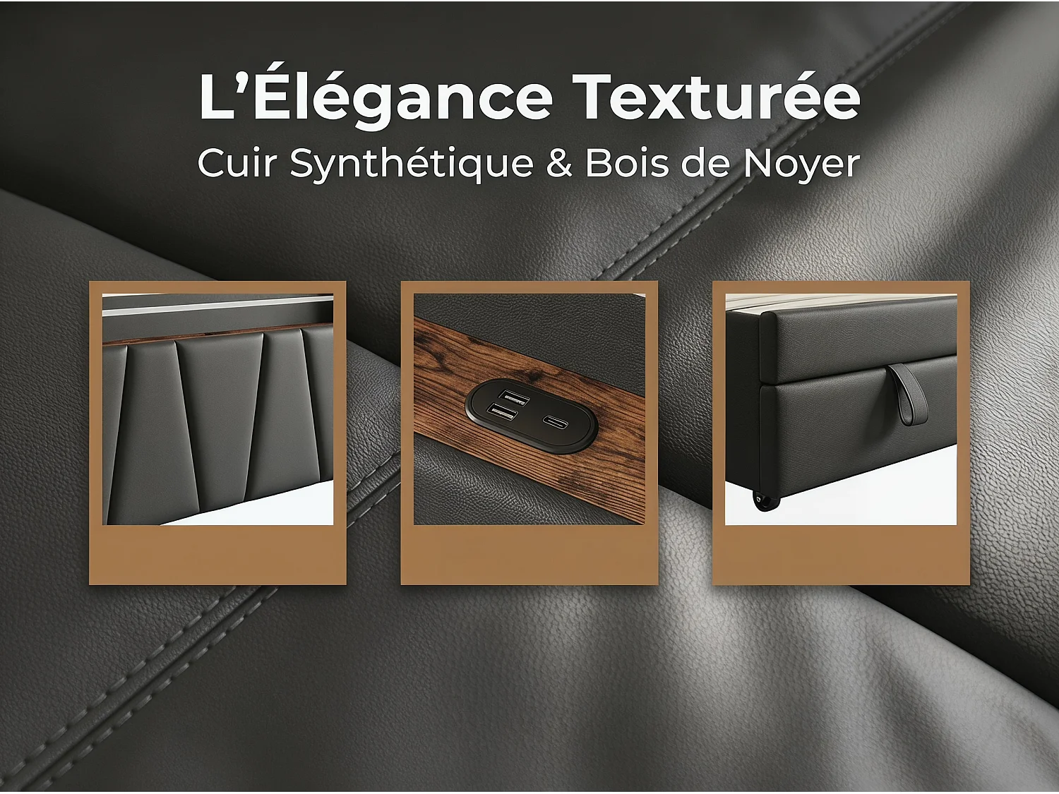 Lit avec 2 tiroirs - 140x190cm - avec LED, USB et tête de lit rangement - Gris