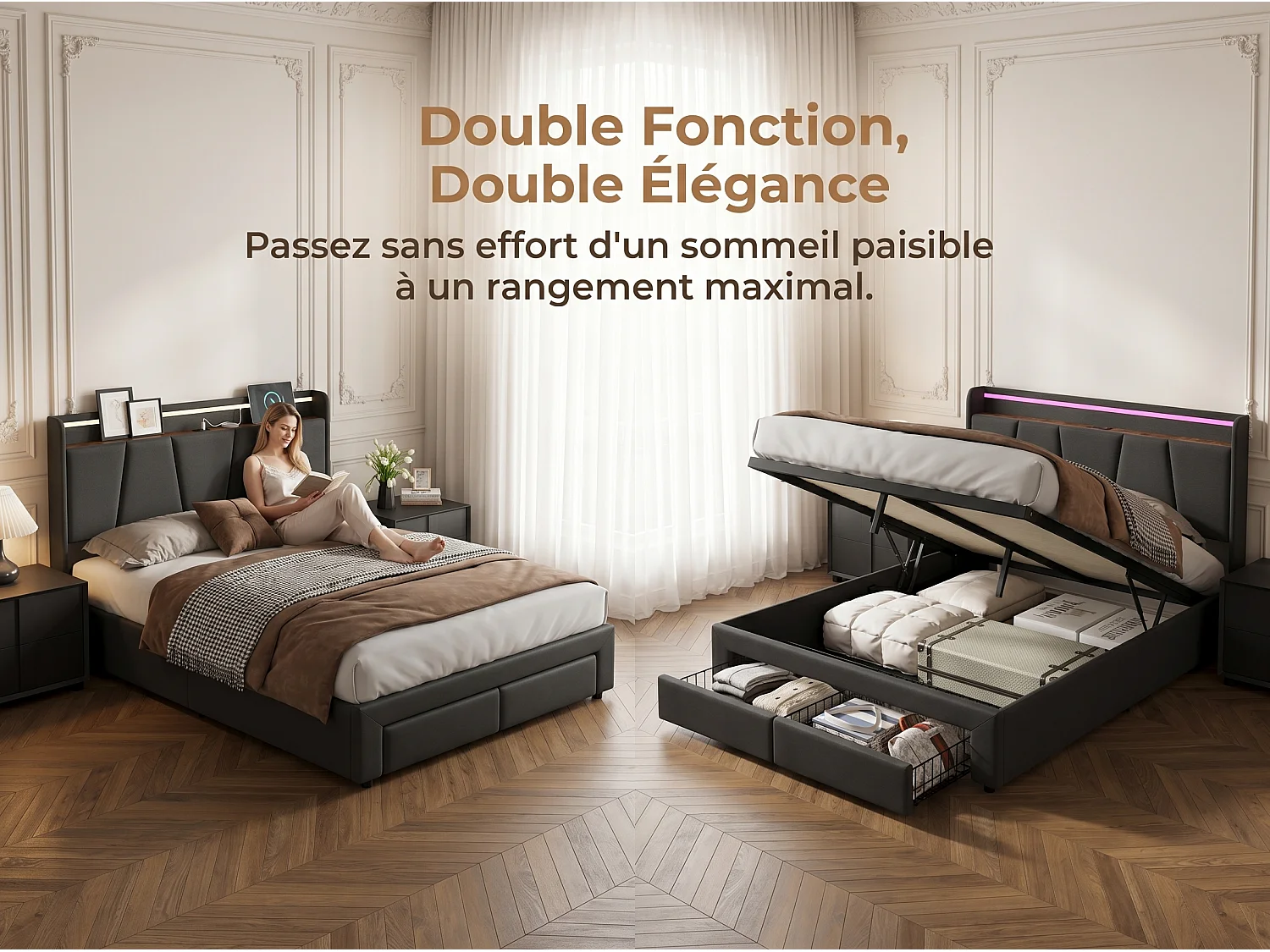 Lit avec 2 tiroirs - 140x190cm - avec LED, USB et tête de lit rangement - Gris