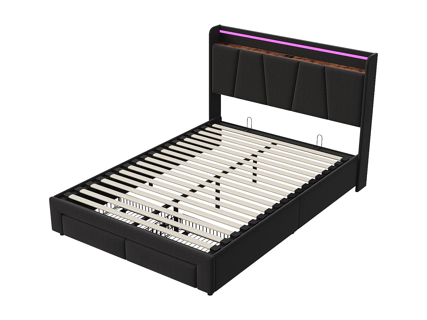 Lit avec 2 tiroirs - 140x190cm - avec LED, USB et tête de lit rangement - Gris