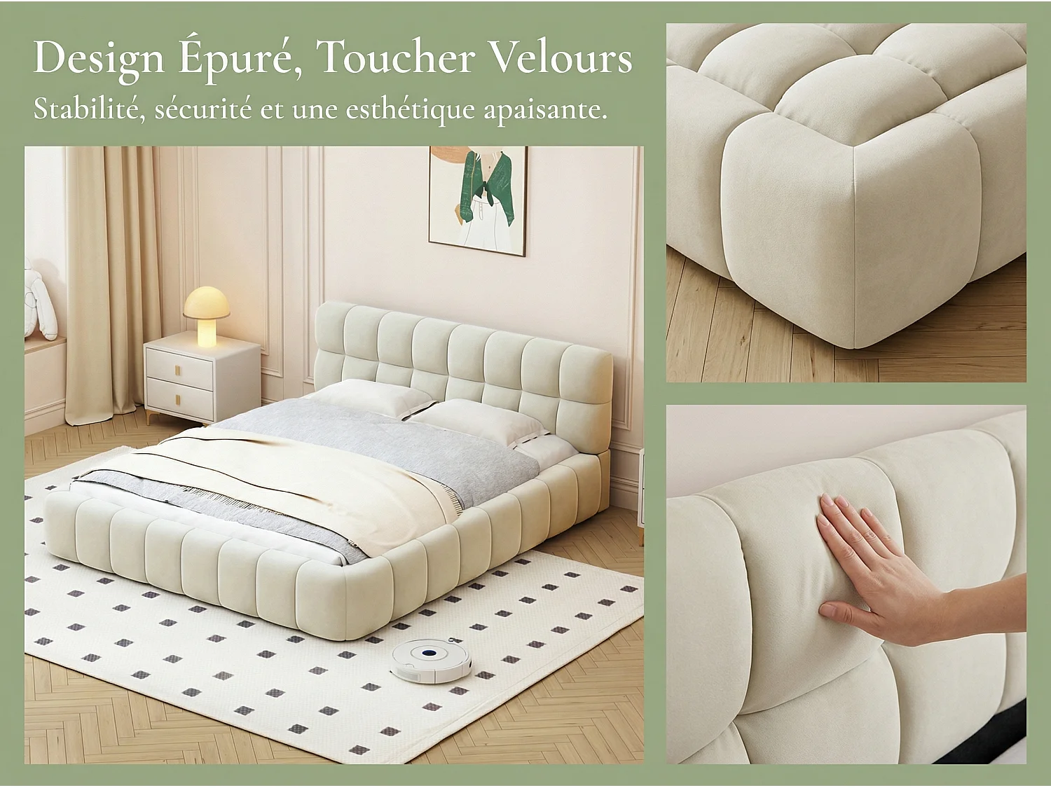 Lit adulte 160x200cm en lin avec dossier moelleux, Lit plat avec sommier à lattes, beige