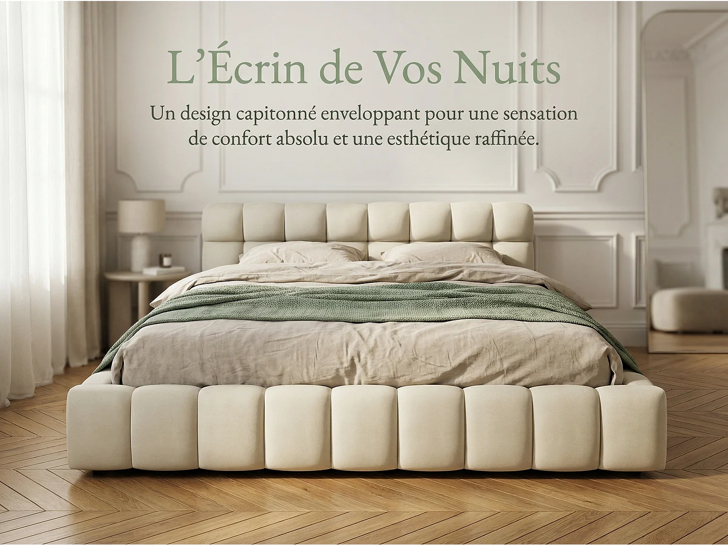Lit adulte 160x200cm en lin avec dossier moelleux, Lit plat avec sommier à lattes, beige
