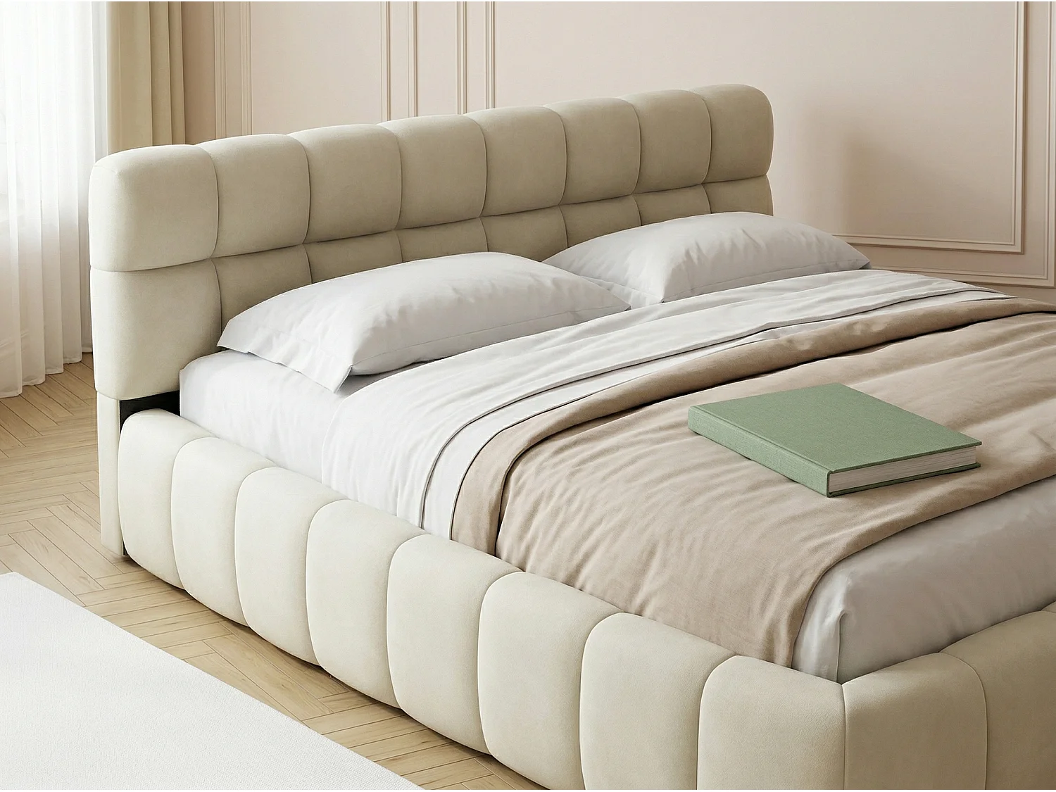 Lit adulte 160x200cm en lin avec dossier moelleux, Lit plat avec sommier à lattes, beige