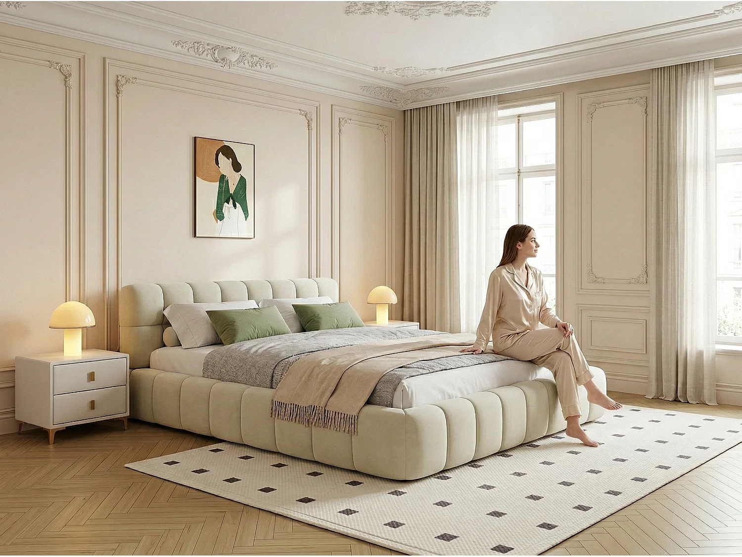 Lit adulte 160x200cm en lin avec dossier moelleux, Lit plat avec sommier à lattes, beige