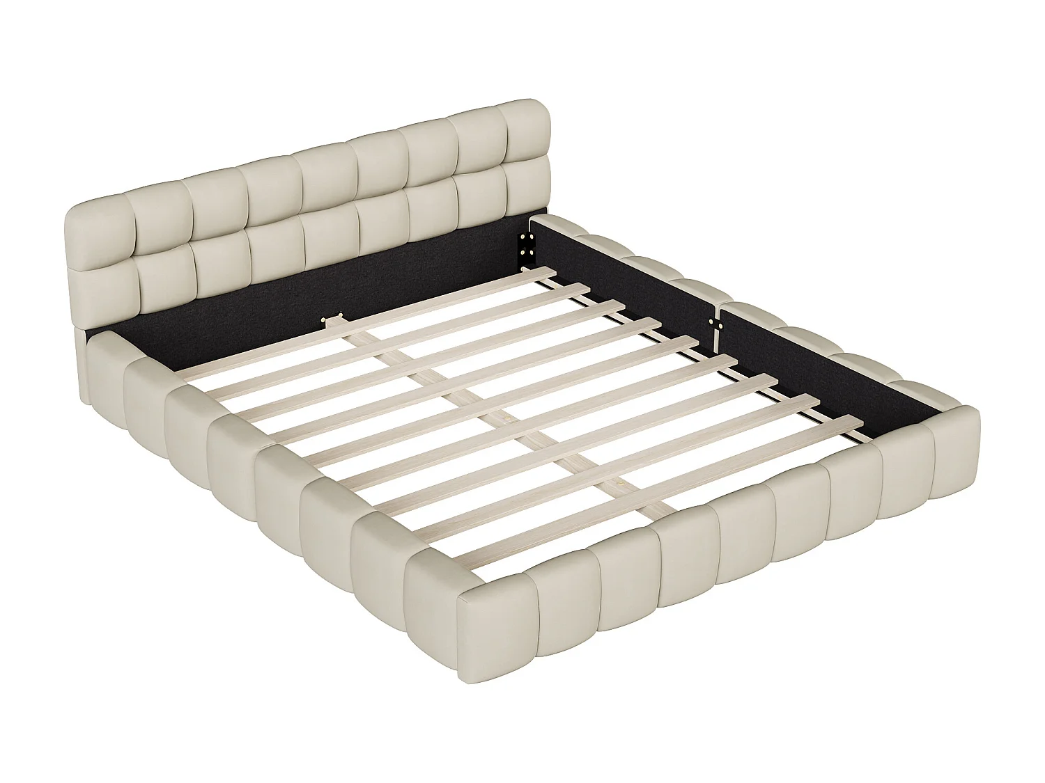 Lit adulte 160x200cm en lin avec dossier moelleux, Lit plat avec sommier à lattes, beige