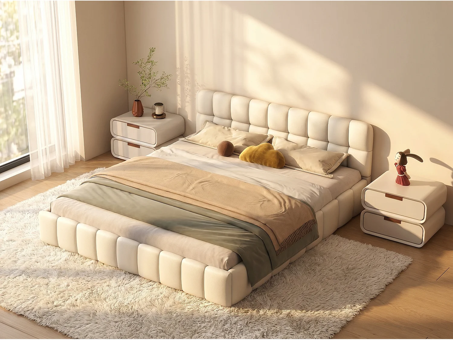 Lit adulte 160x200cm en lin avec dossier moelleux, Lit plat avec sommier à lattes, beige