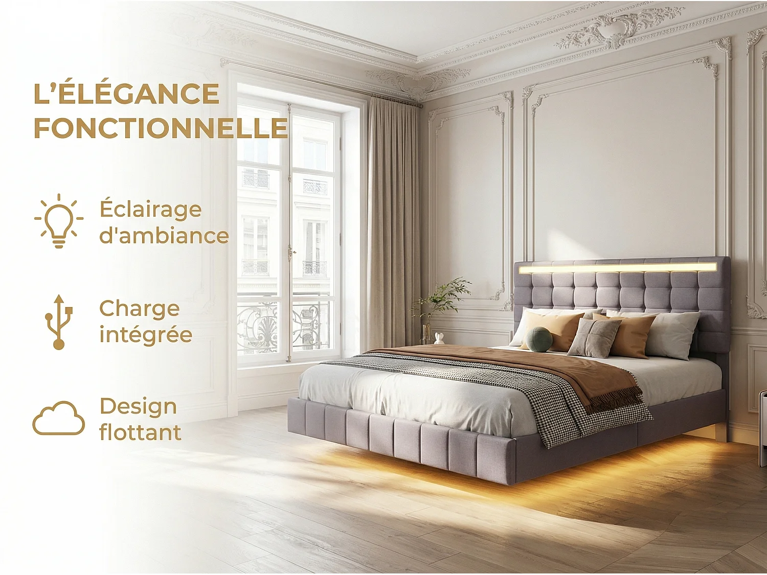Lit 140x200 cm LED effet flottant, lit en lin avec pieds invisibles, cadre de lit moderne avec sommier à lattes