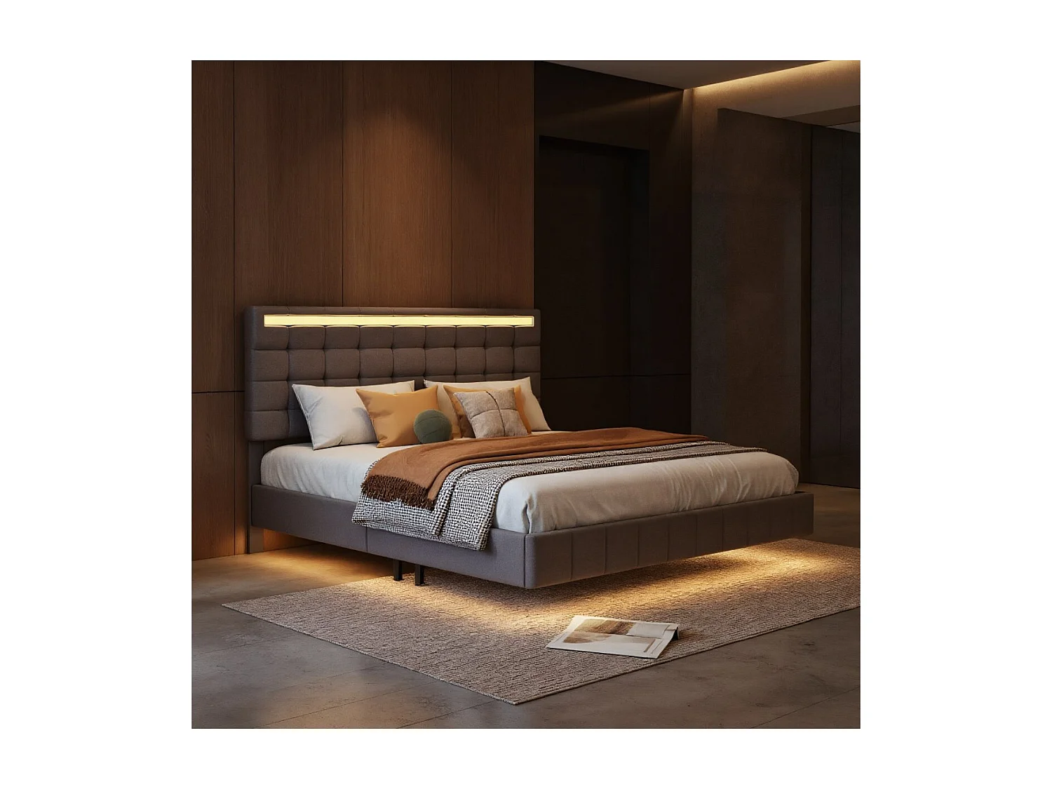 Lit 140x200 cm LED effet flottant, lit en lin avec pieds invisibles, cadre de lit moderne avec sommier à lattes