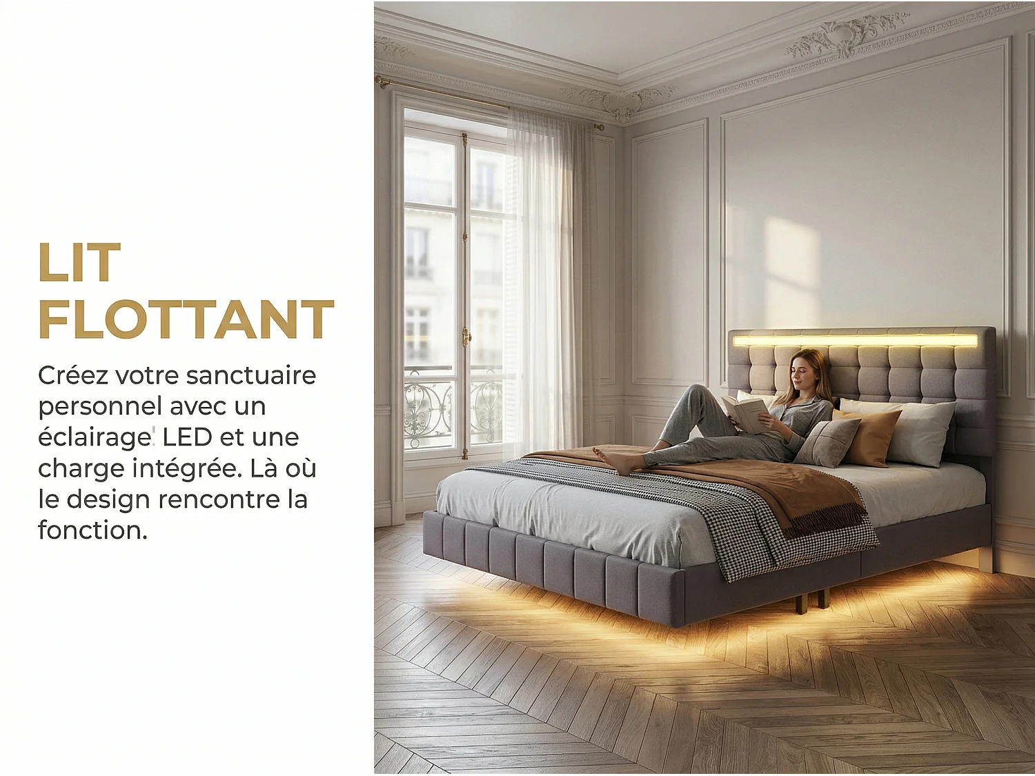 Lit 140x200 cm LED effet flottant, lit en lin avec pieds invisibles, cadre de lit moderne avec sommier à lattes