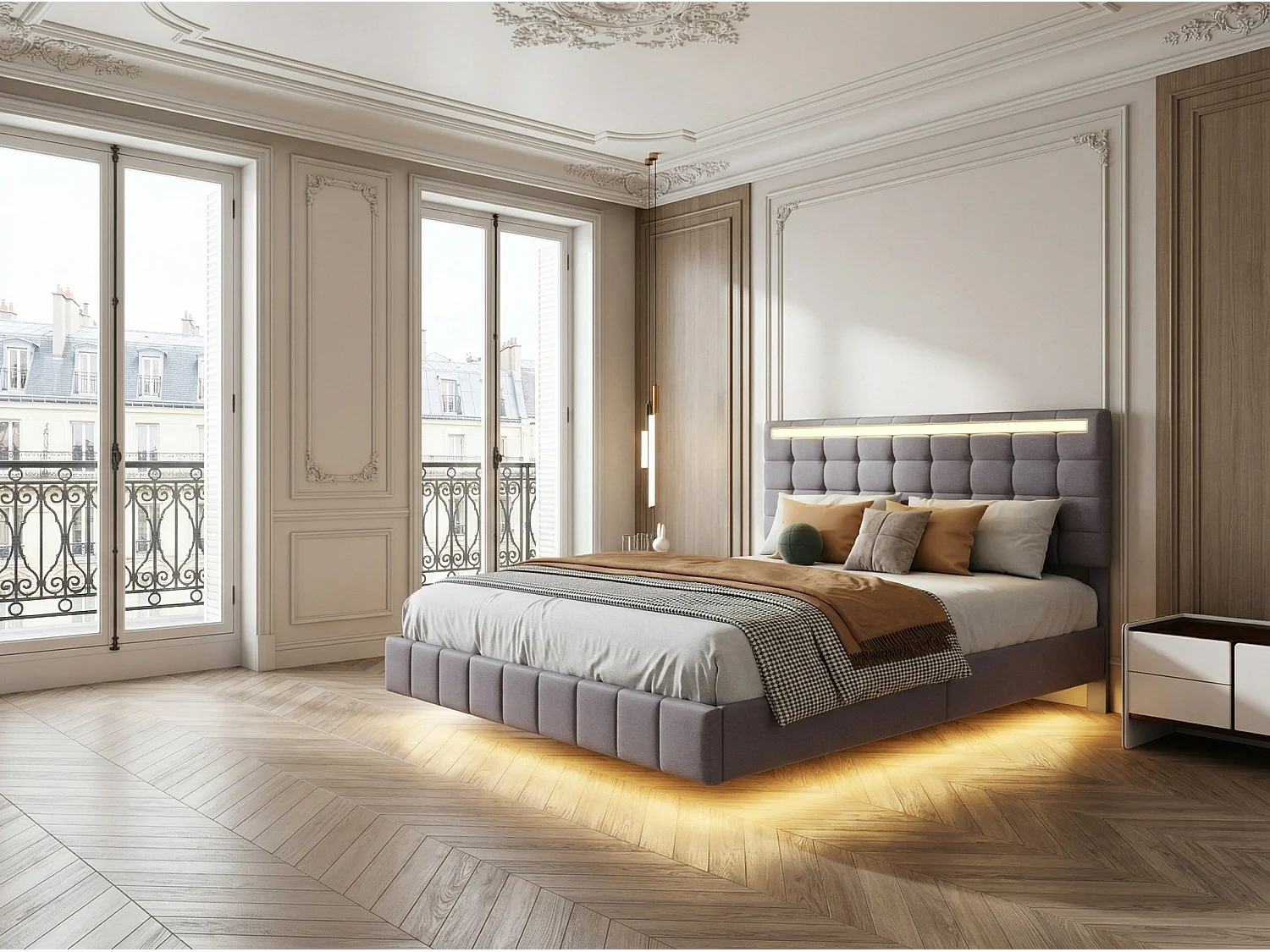 Lit 140x200 cm LED effet flottant, lit en lin avec pieds invisibles, cadre de lit moderne avec sommier à lattes