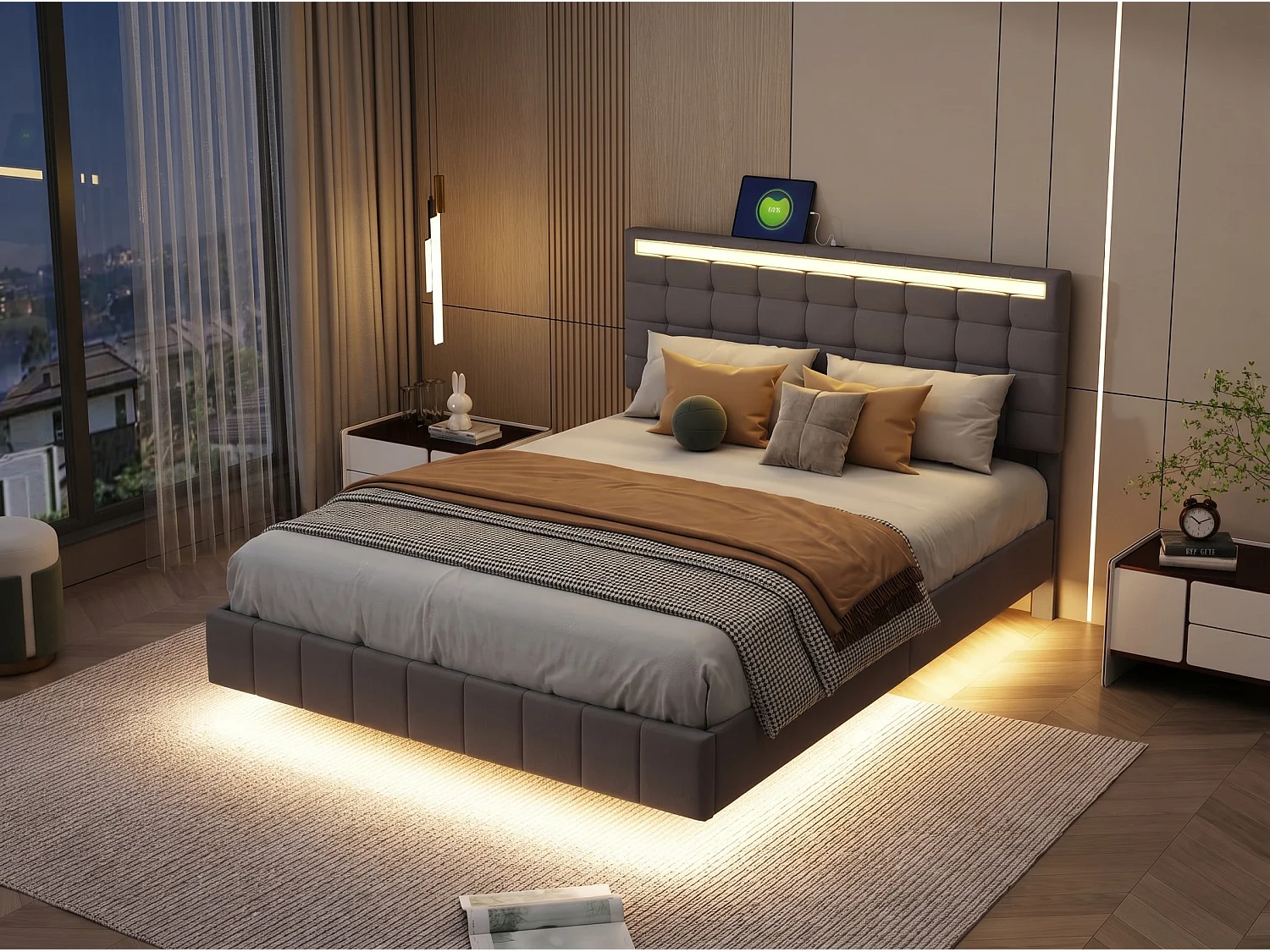Lit 140x200 cm LED effet flottant, lit en lin avec pieds invisibles, cadre de lit moderne avec sommier à lattes