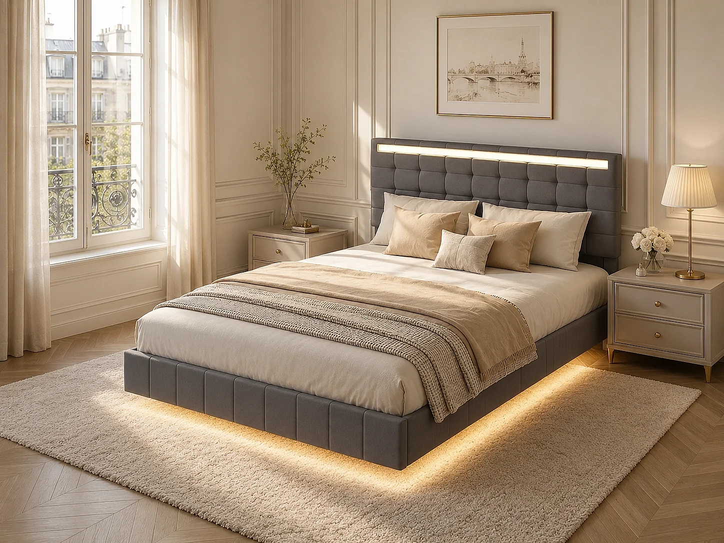 Lit effet flottant 140x200 cm  avec LED – tissu lin Gris, sommier à lattes, pieds invisibles et sommier à lattes