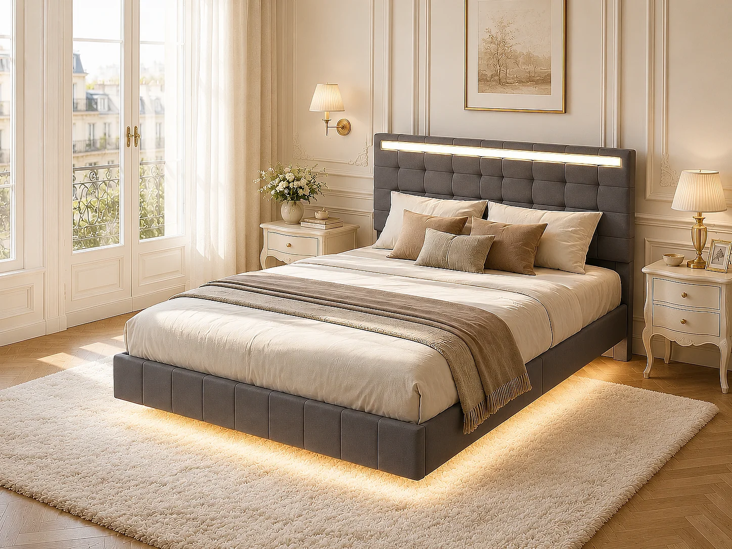 Lit effet flottant 140x200 cm  avec LED – tissu lin Gris, sommier à lattes, pieds invisibles et sommier à lattes