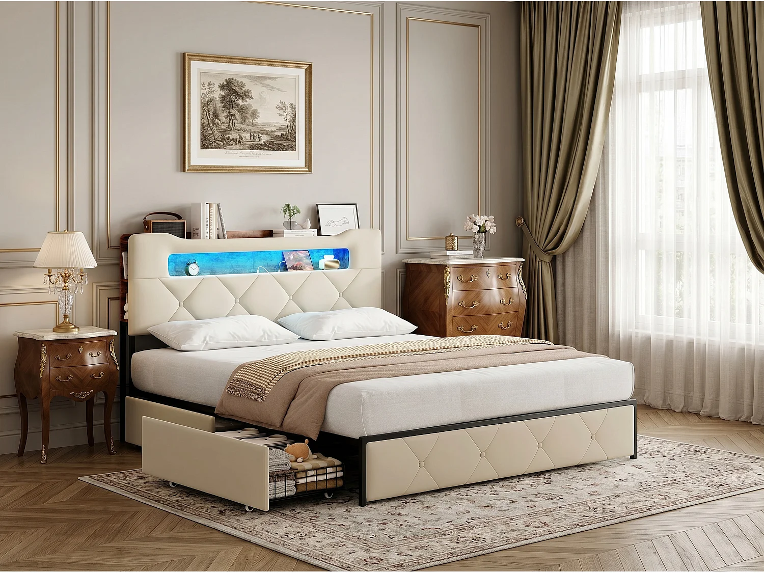 Lit avec 4 tiroirs - 160x200cm - avec LED, USB et tête de lit rangement - Beige