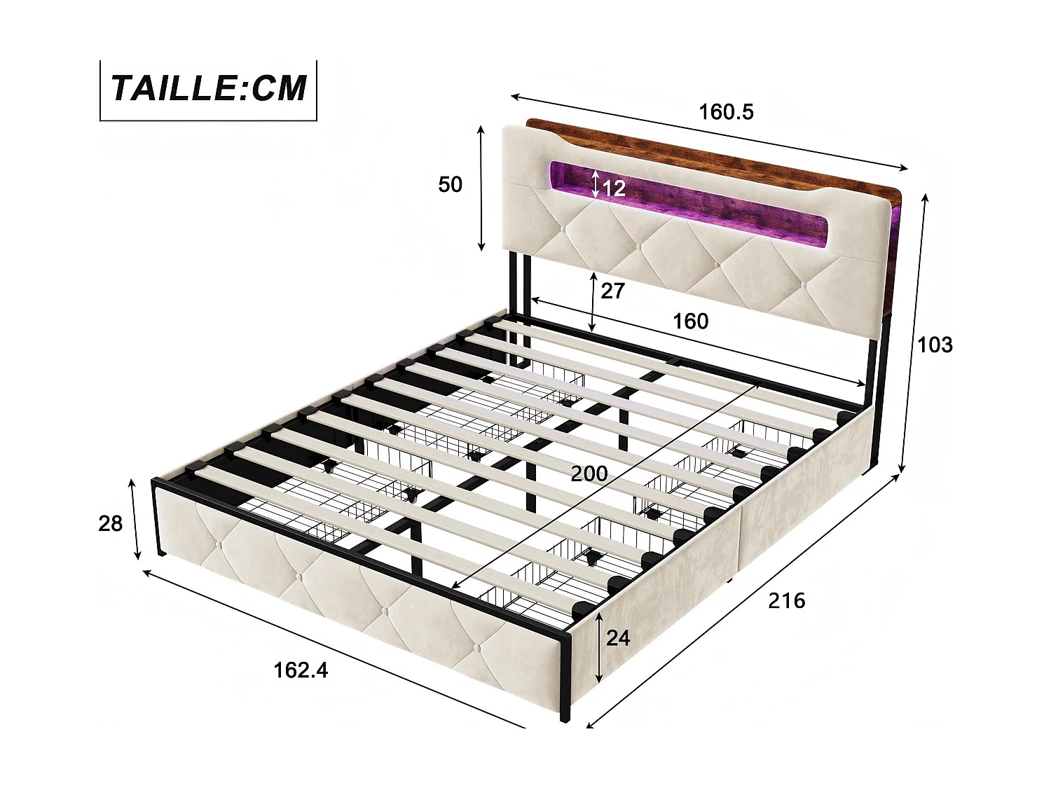 Lit avec 4 tiroirs - 160x200cm - avec LED, USB et tête de lit rangement - Beige
