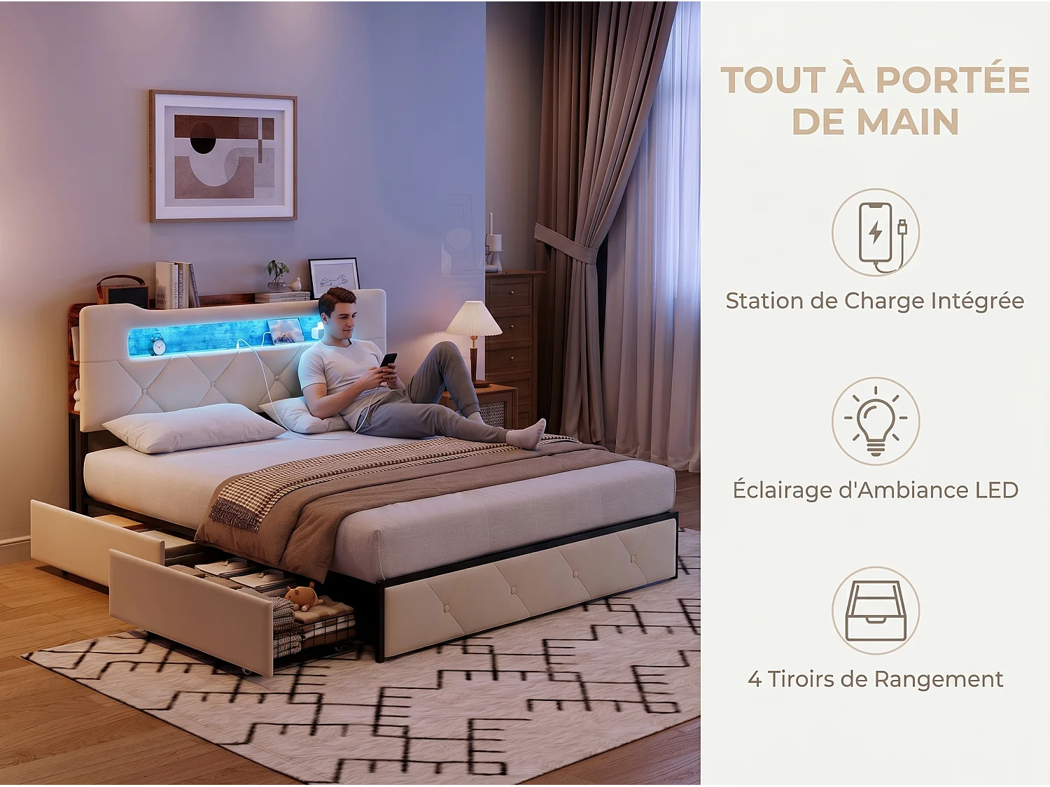 Lit avec 4 tiroirs - 160x200cm - avec LED, USB et tête de lit rangement - Beige