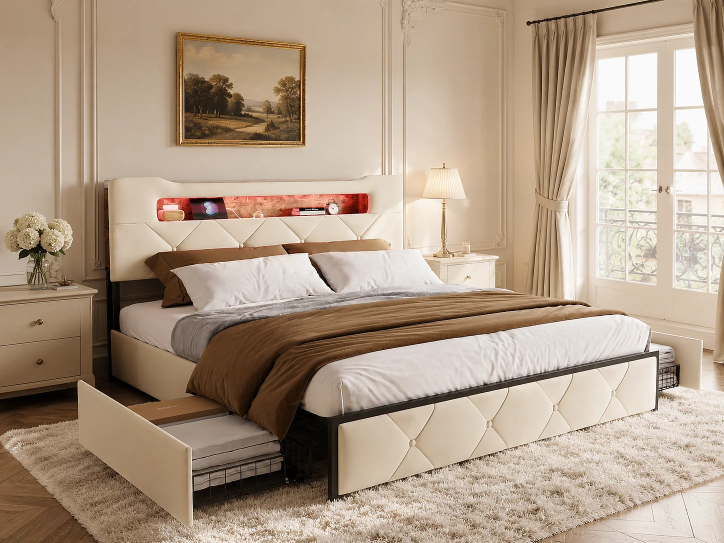 Lit avec 4 tiroirs - 160x200cm - avec LED, USB et tête de lit rangement - Beige