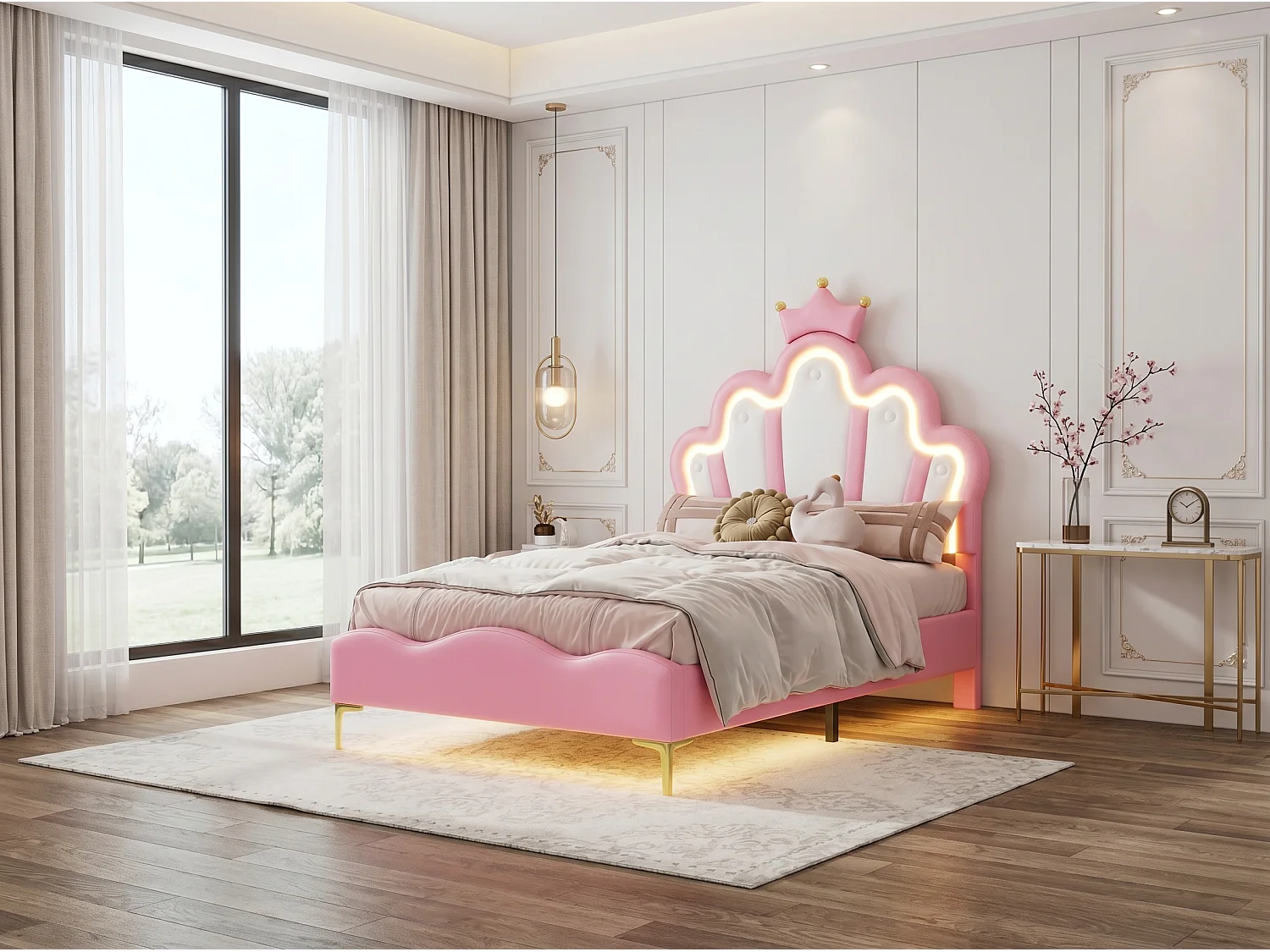 Lit enfant couronne 90 x 200 cm - Tissu rose - LED, USB et tête de lit nuage