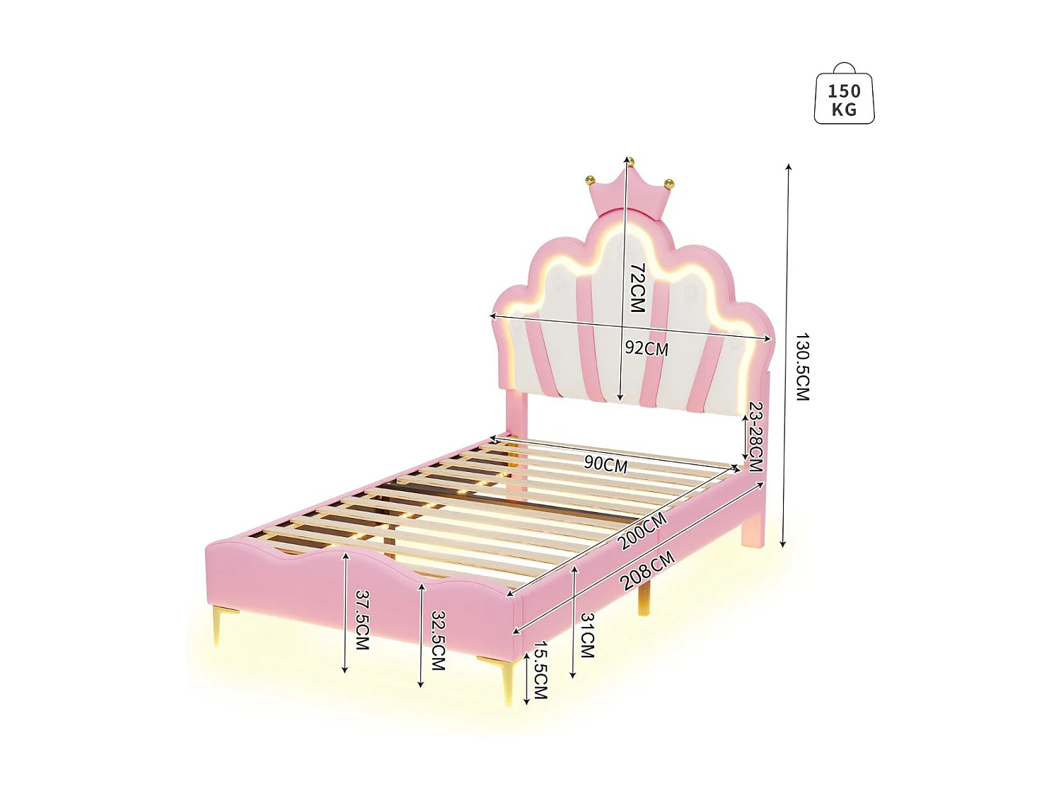 Lit enfant couronne 90 x 200 cm - Tissu rose - LED, USB et tête de lit nuage