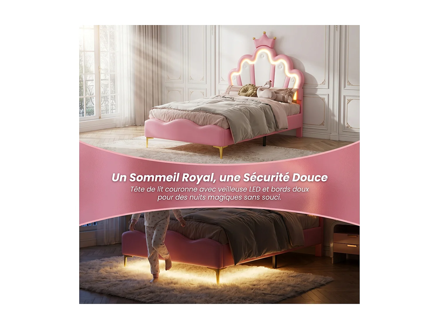 Lit enfant couronne 90 x 200 cm - Tissu rose - LED, USB et tête de lit nuage