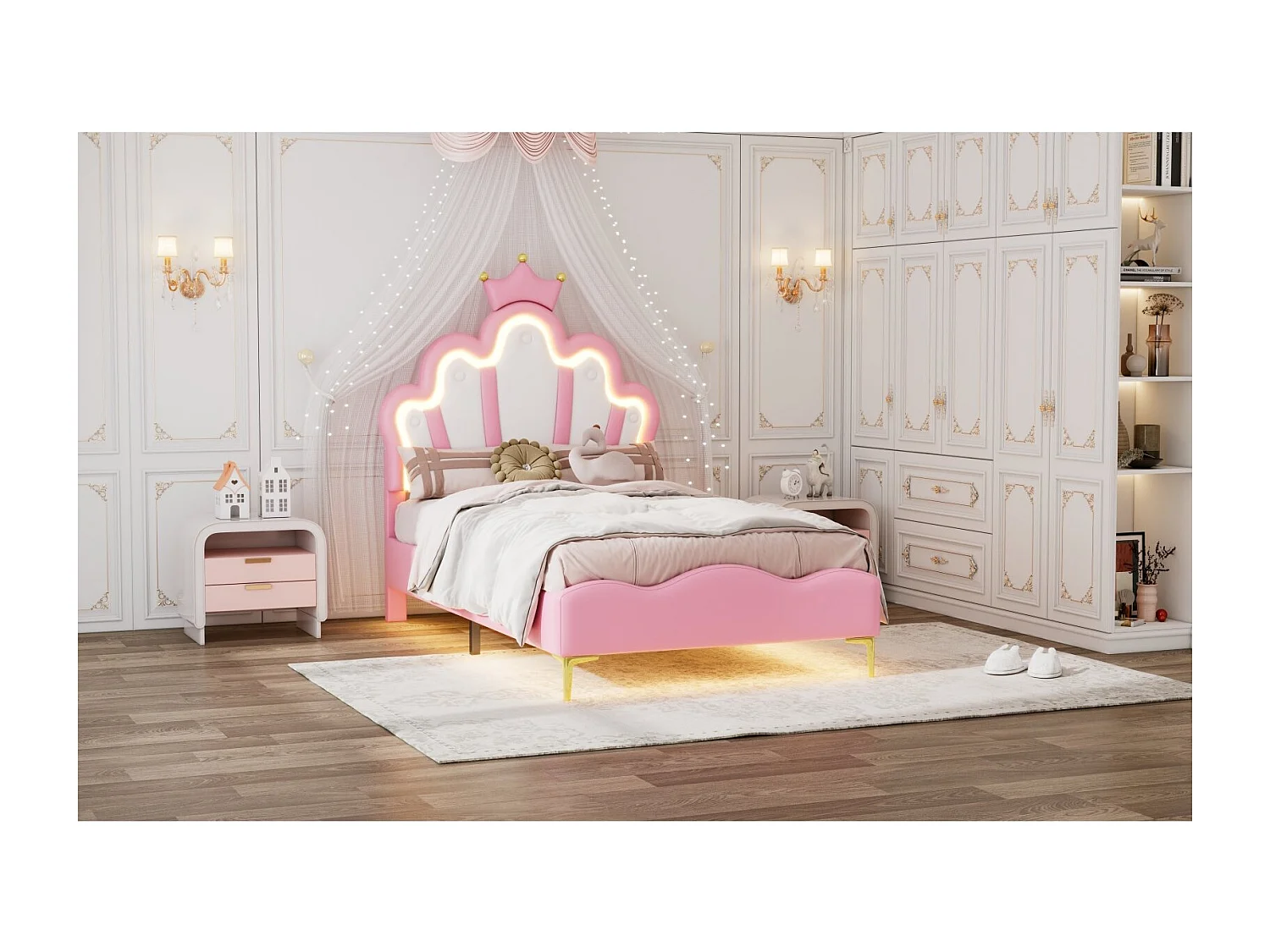 Lit enfant couronne 90 x 200 cm - Tissu rose - LED, USB et tête de lit nuage
