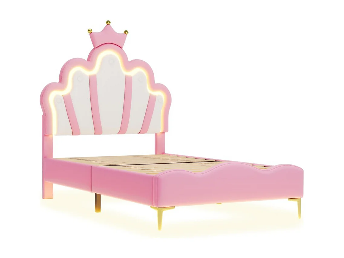 Lit enfant couronne 90 x 200 cm - Tissu rose - LED, USB et tête de lit nuage