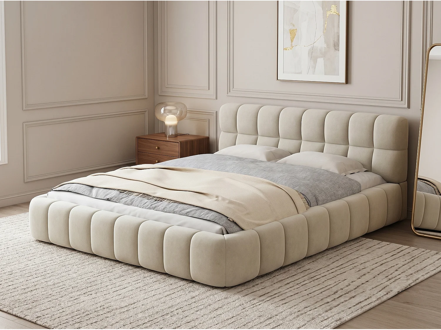 Lit adulte 140x200cm en lin avec dossier moelleux, Lit plat avec sommier à lattes, beige