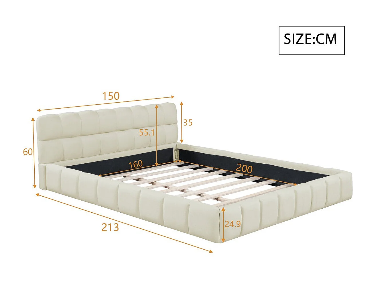 Lit adulte 140x200cm en lin avec dossier moelleux, Lit plat avec sommier à lattes, beige
