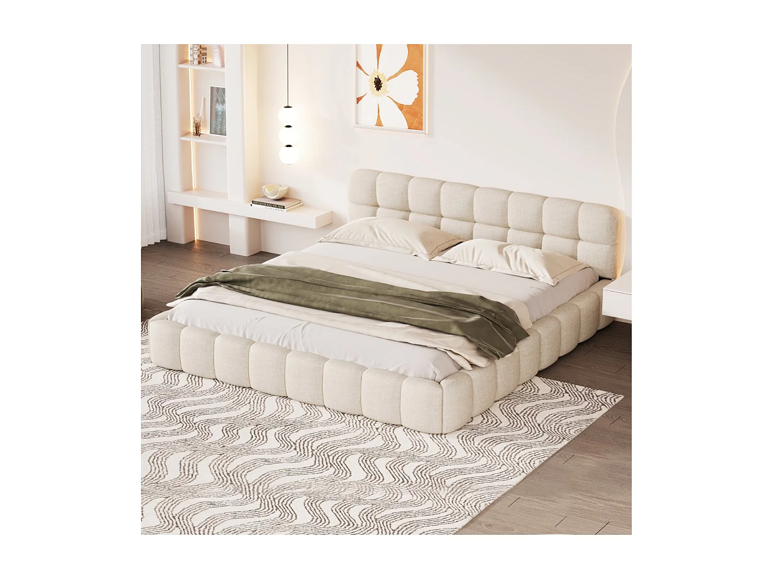 Lit adulte 140x200cm en lin avec dossier moelleux, Lit plat avec sommier à lattes, beige