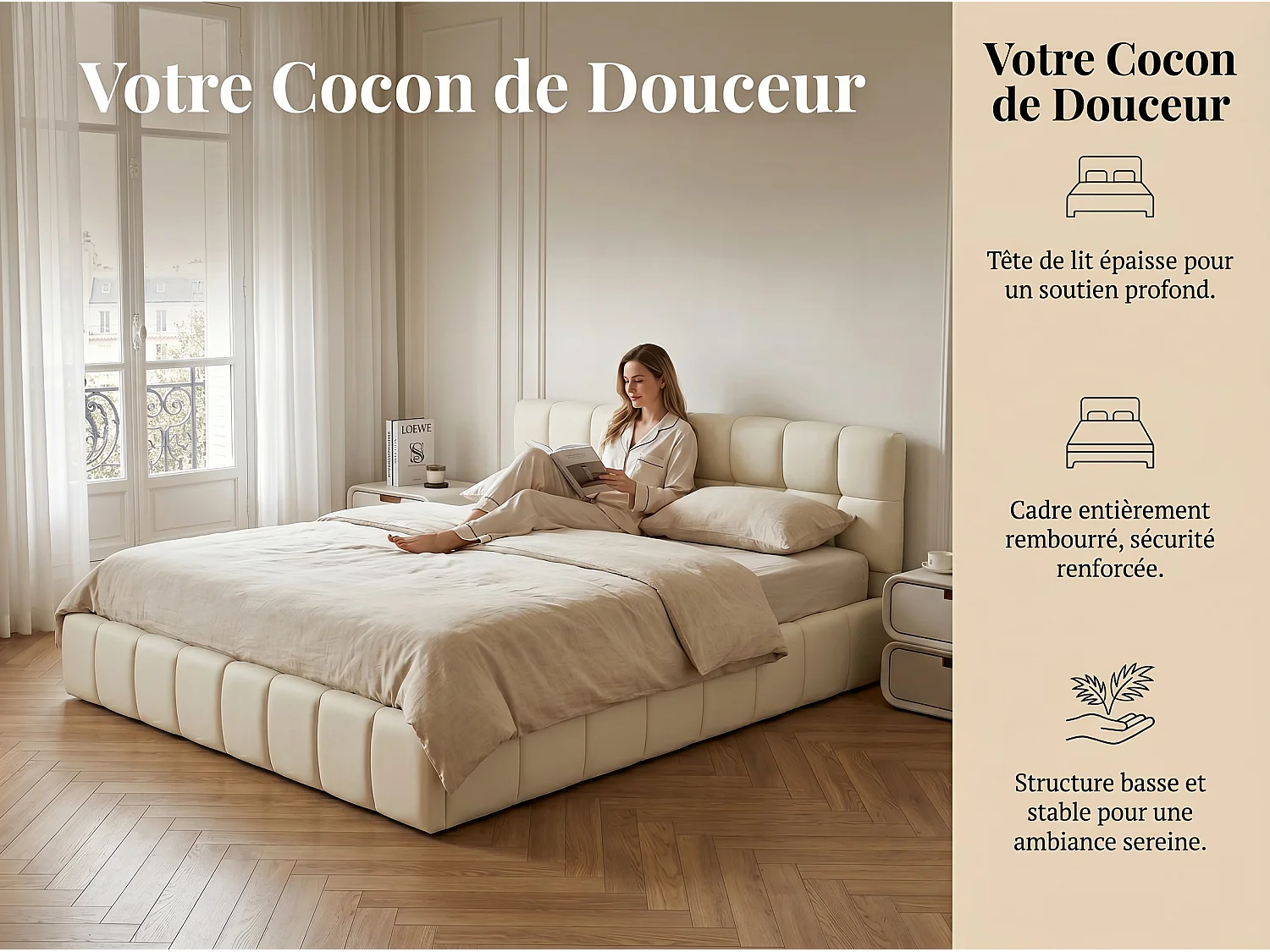 Lit adulte 140x200cm en lin avec dossier moelleux, Lit plat avec sommier à lattes, beige