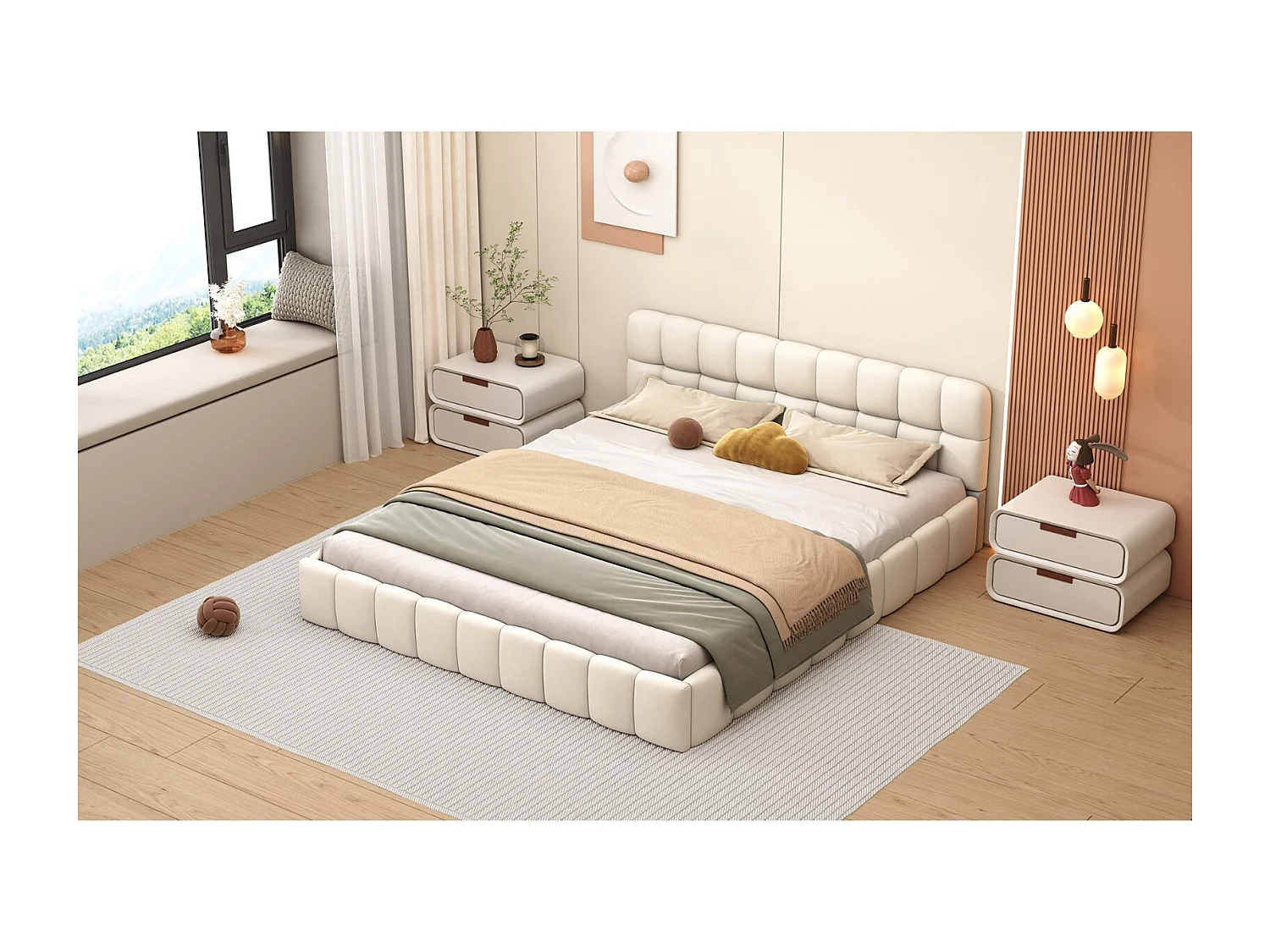 Lit adulte 140x200cm en lin avec dossier moelleux, Lit plat avec sommier à lattes, beige