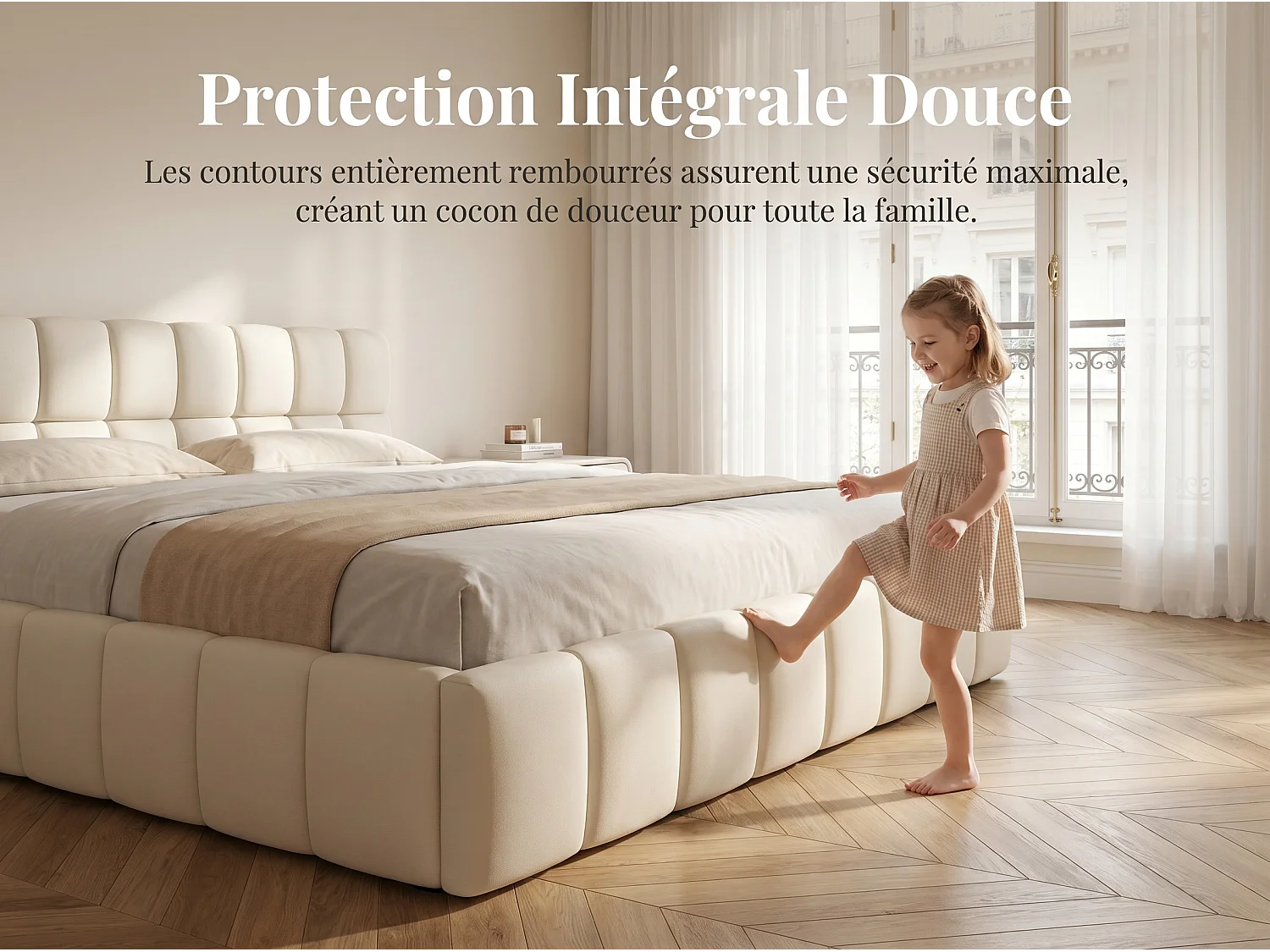 Lit adulte 140x200cm en lin avec dossier moelleux, Lit plat avec sommier à lattes, beige