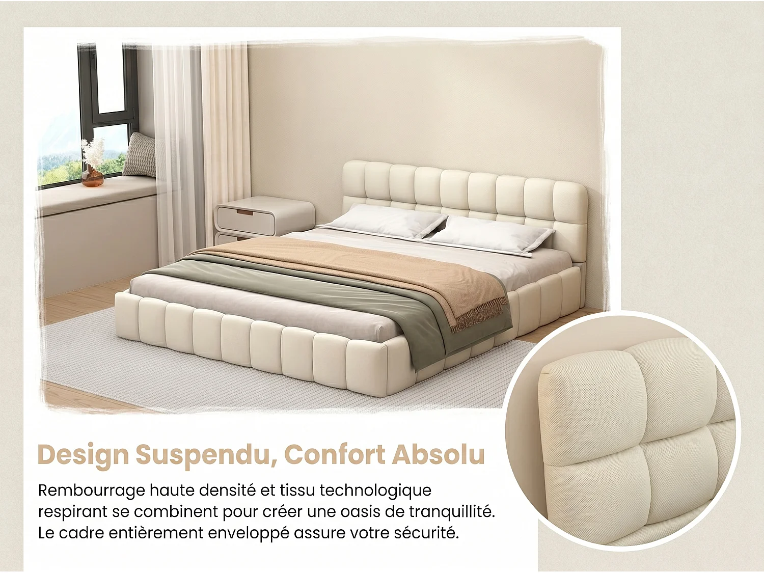 Lit adulte 140x200cm en lin avec dossier moelleux, Lit plat avec sommier à lattes, beige
