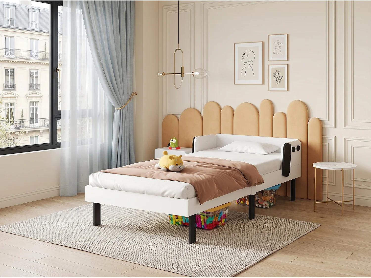 Lit enfant design chien 90 x 200 cm - Cadre blanc - Barrières de sécurité