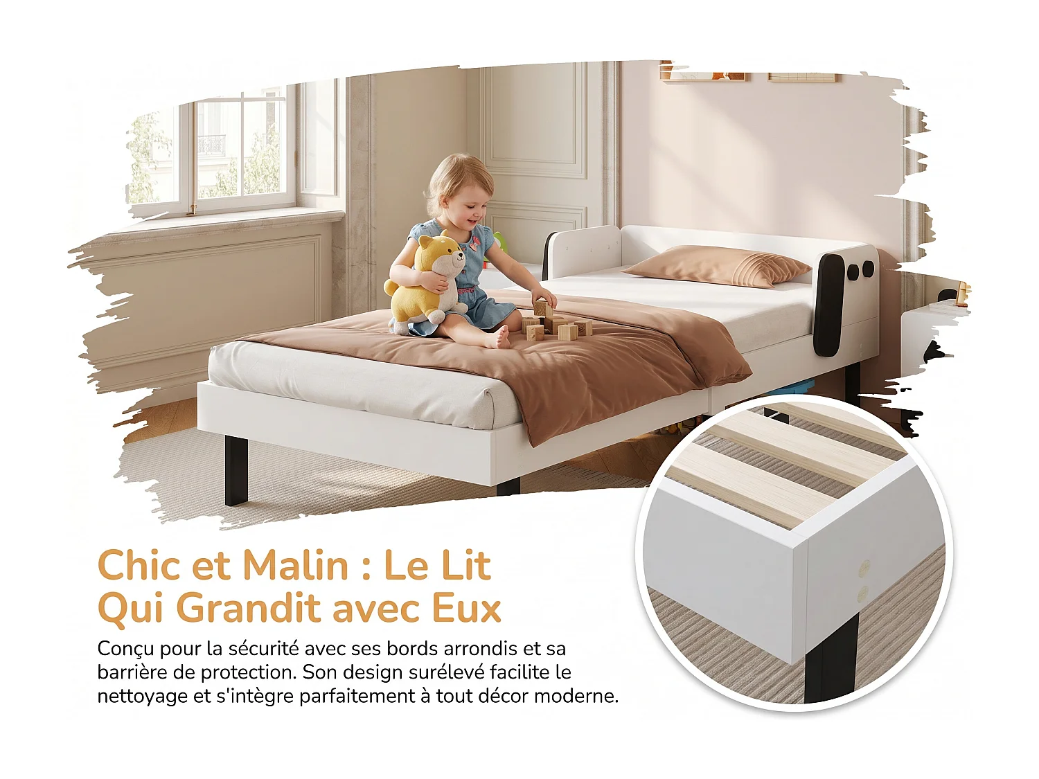 Lit enfant design chien 90 x 200 cm - Cadre blanc - Barrières de sécurité