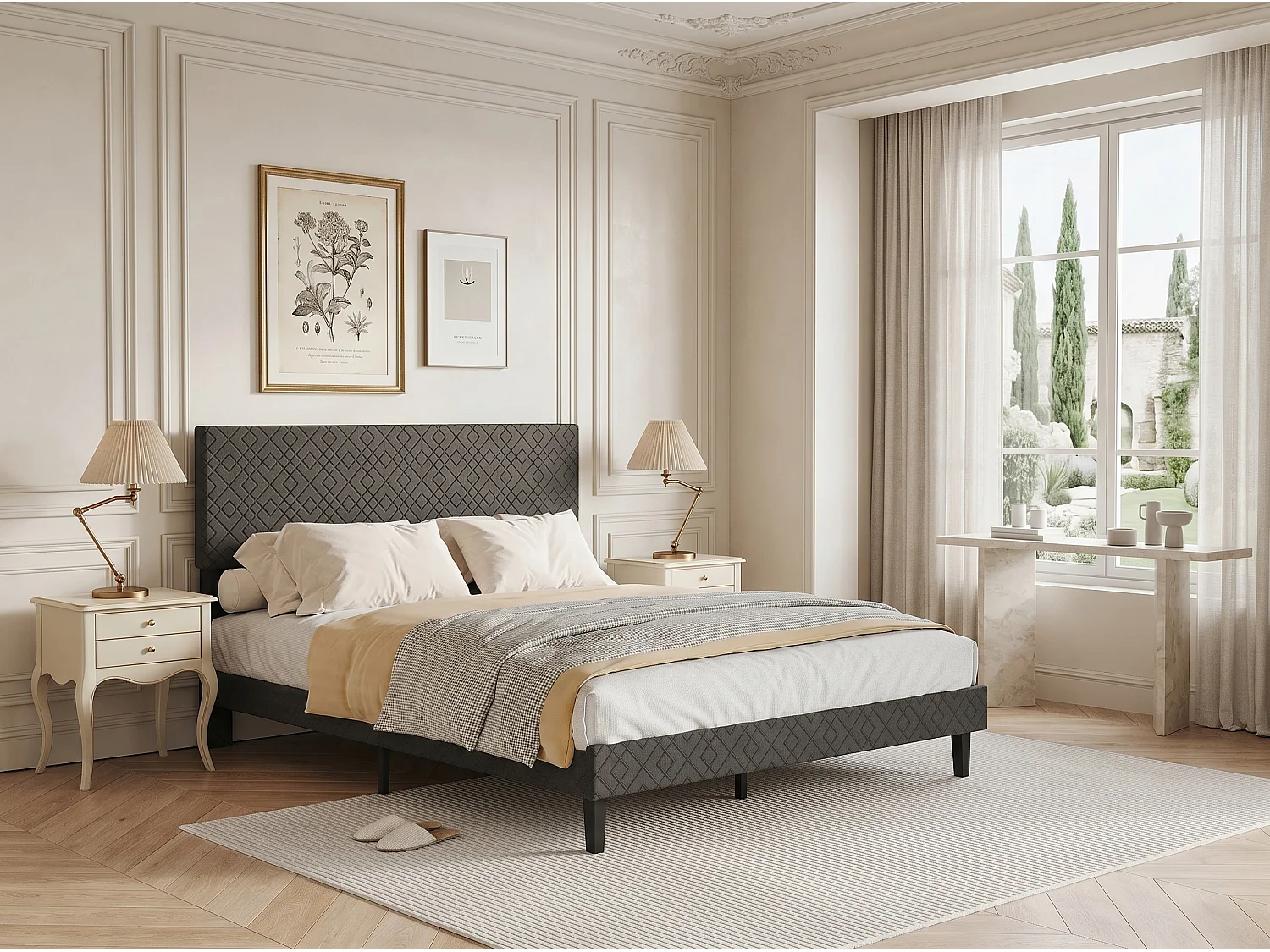 Lit double 140 x 200 cm - Tissu gris - Tête de lit capitonnée et cadre rembourré