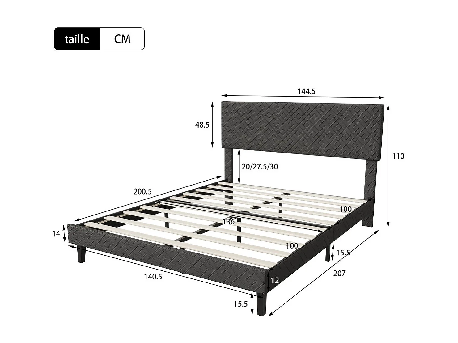 Lit double 140 x 200 cm - Tissu gris - Tête de lit capitonnée et cadre rembourré