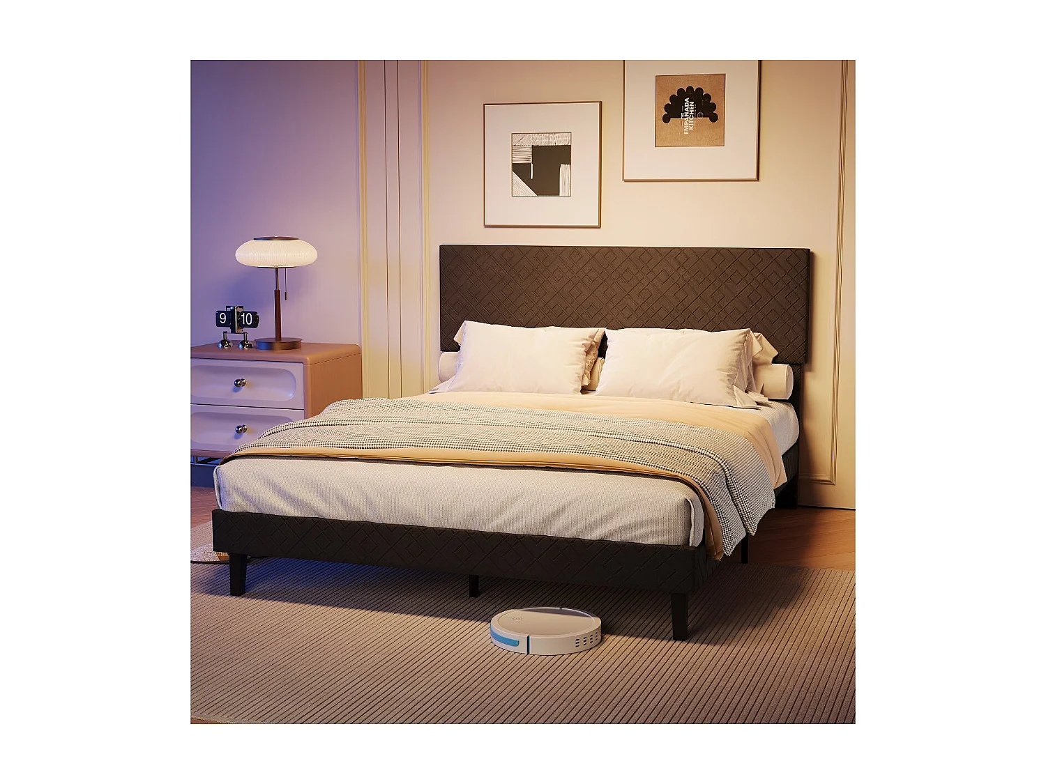 Lit double 140 x 200 cm - Tissu gris - Tête de lit capitonnée et cadre rembourré