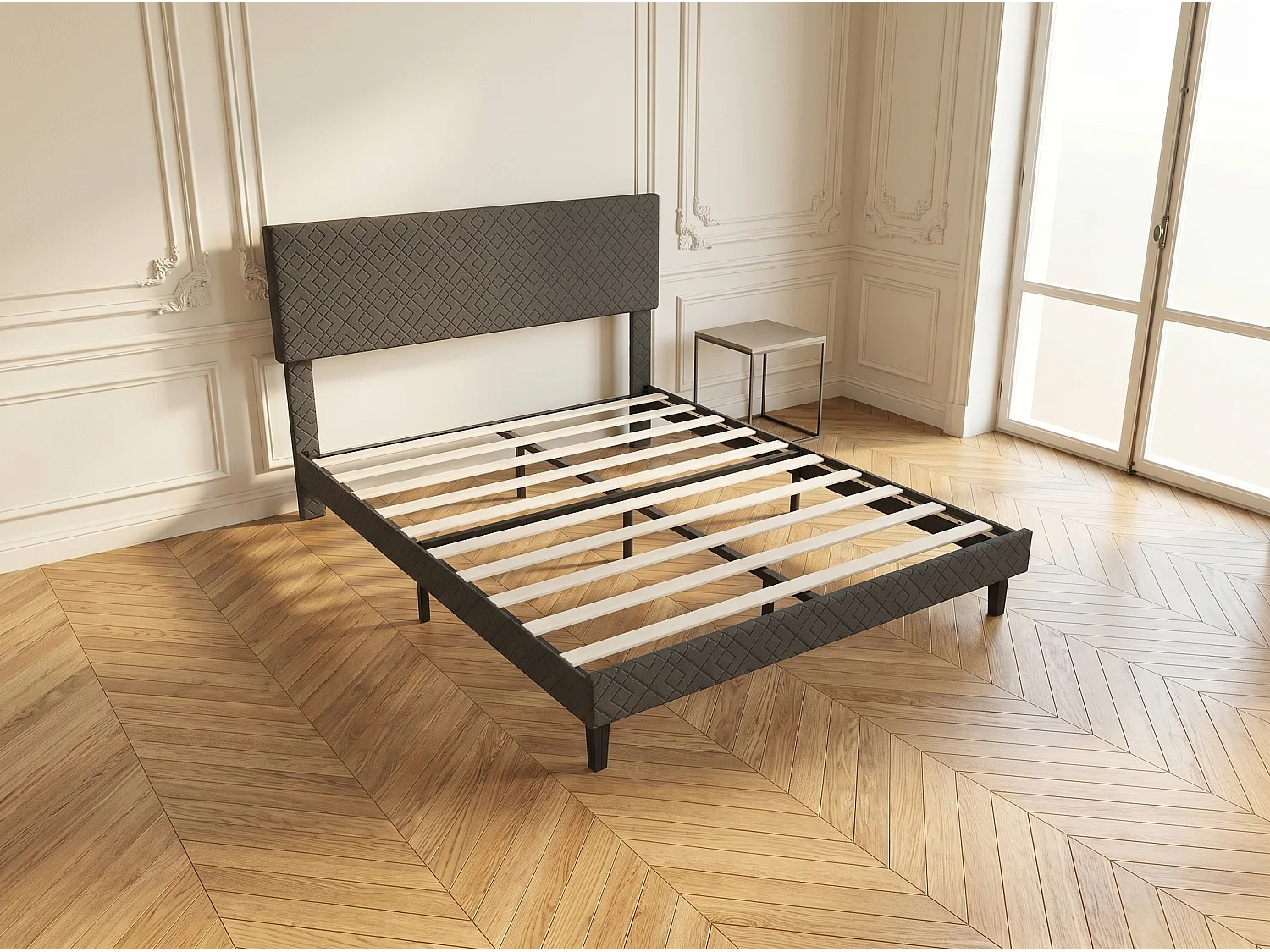 Lit double 140 x 200 cm - Tissu gris - Tête de lit capitonnée et cadre rembourré