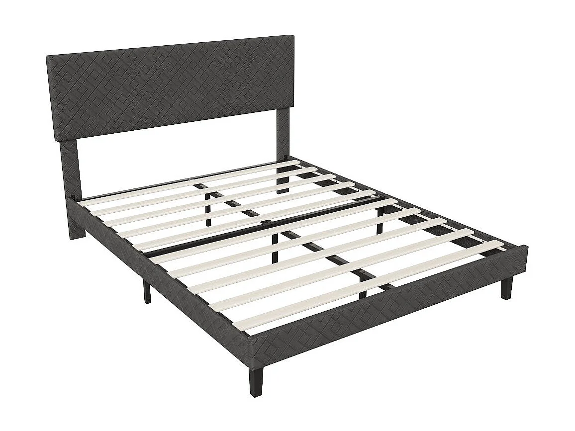 Lit double 140 x 200 cm - Tissu gris - Tête de lit capitonnée et cadre rembourré