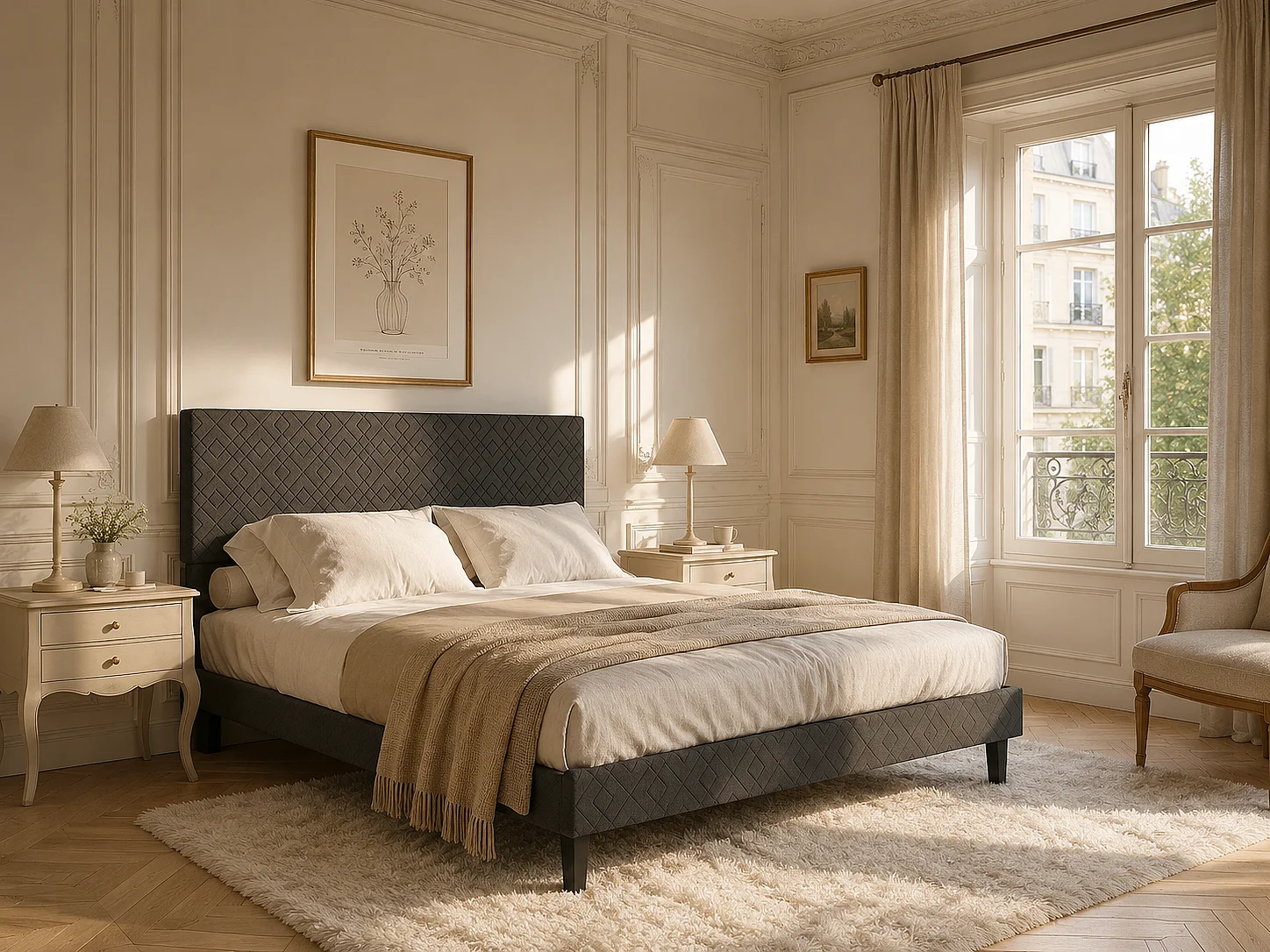 Lit double 140 x 200 cm - Tissu gris-tête de lit rembourré, cadre rembourré- avec sommier à lattes en bois