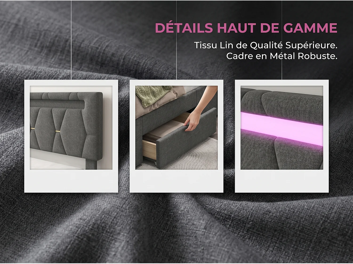 Lit avec 4 tiroirs 140x200 cm - LED RGB, APP et tête de lit réglable - Gris