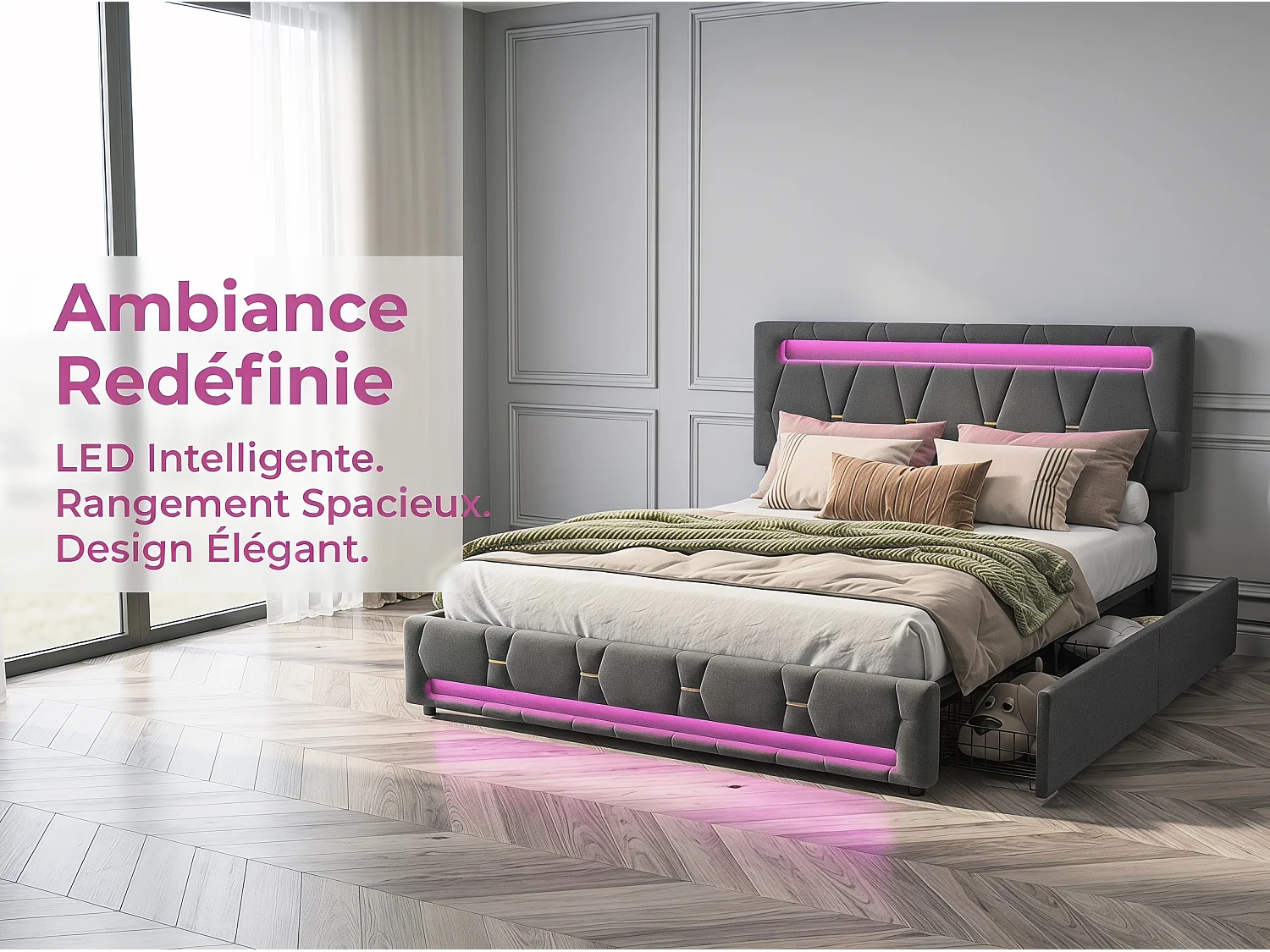 Lit avec 4 tiroirs 140x200 cm - LED RGB, APP et tête de lit réglable - Gris