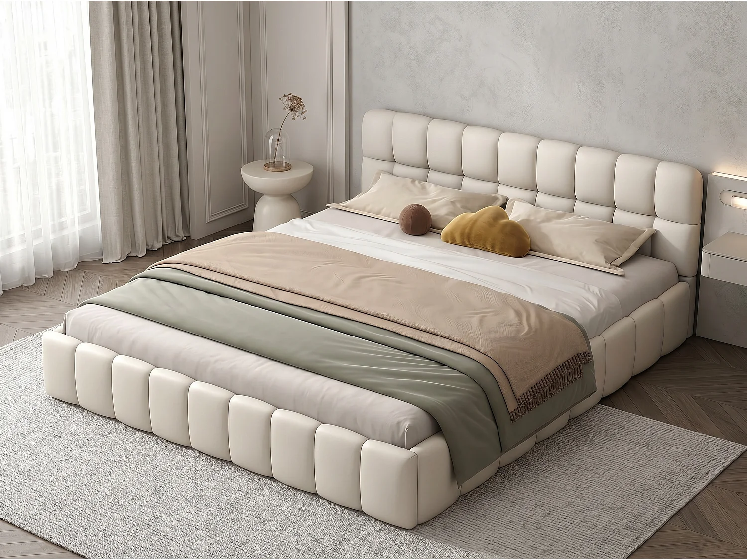Lit rembourré 140x190 avec tiroirs, lit double tissu lin, tête de lit confortable, cadre robuste, beige