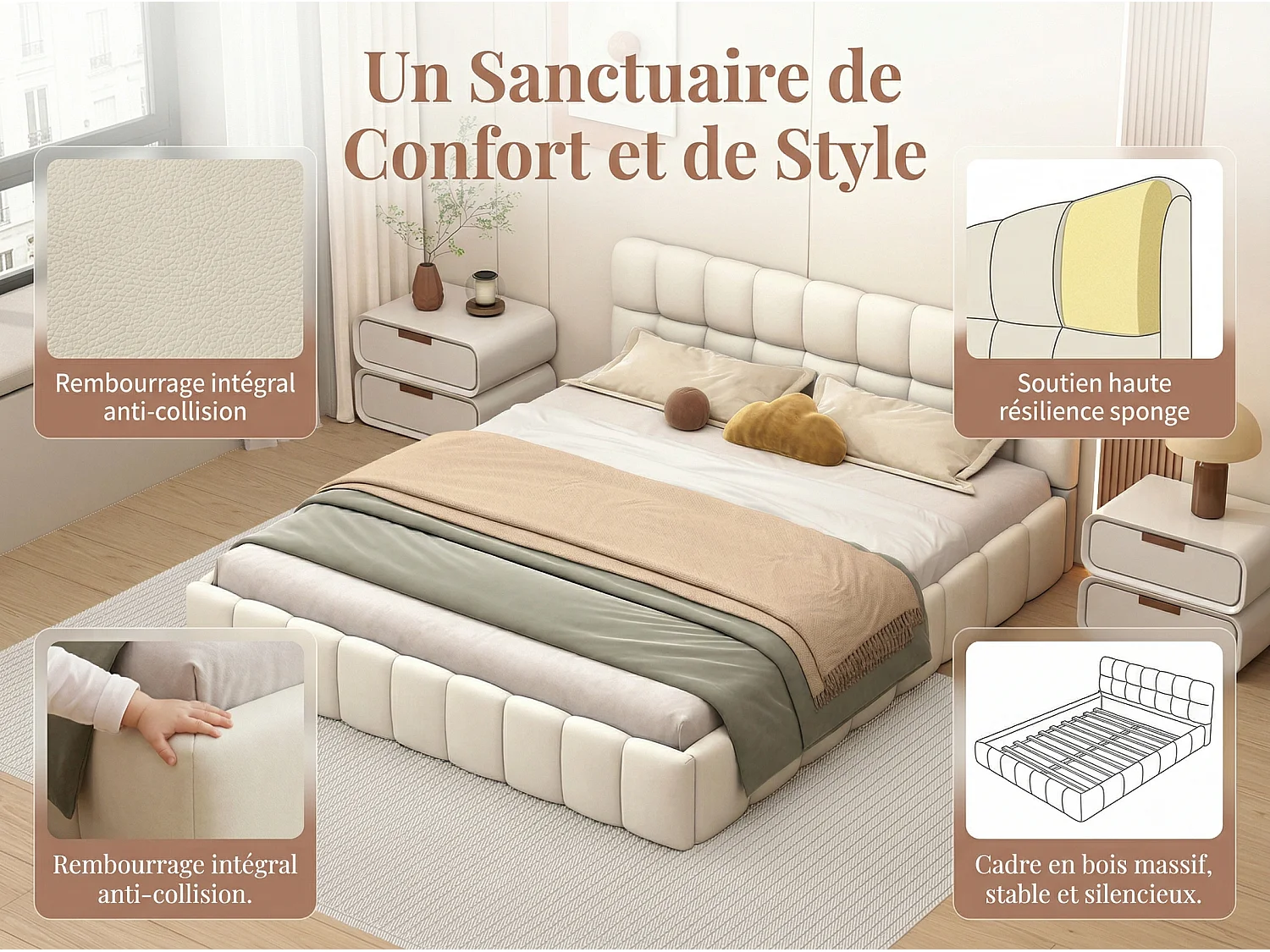 Lit rembourré 140x190 avec tiroirs, lit double tissu lin, tête de lit confortable, cadre robuste, beige