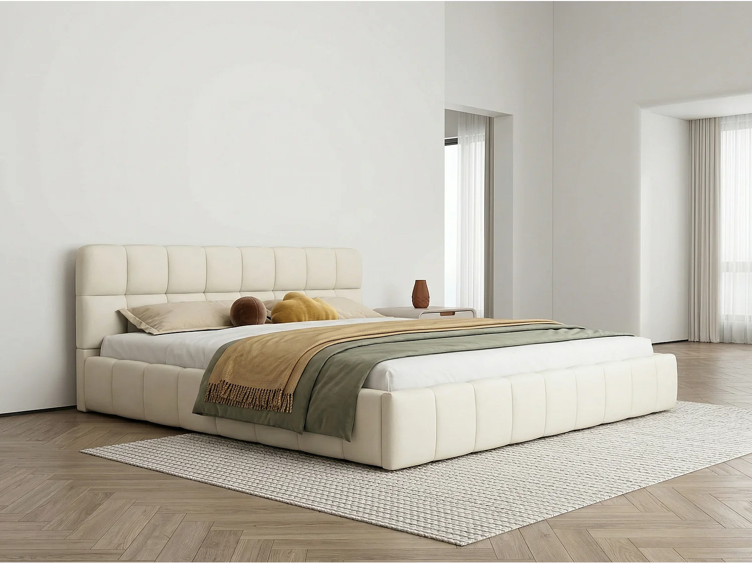 Lit rembourré 140x190 avec tiroirs, lit double tissu lin, tête de lit confortable, cadre robuste, beige
