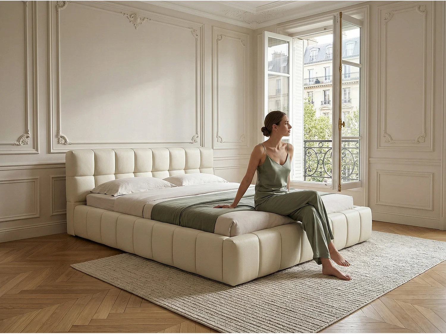Lit rembourré 140x190 avec tiroirs, lit double tissu lin, tête de lit confortable, cadre robuste, beige