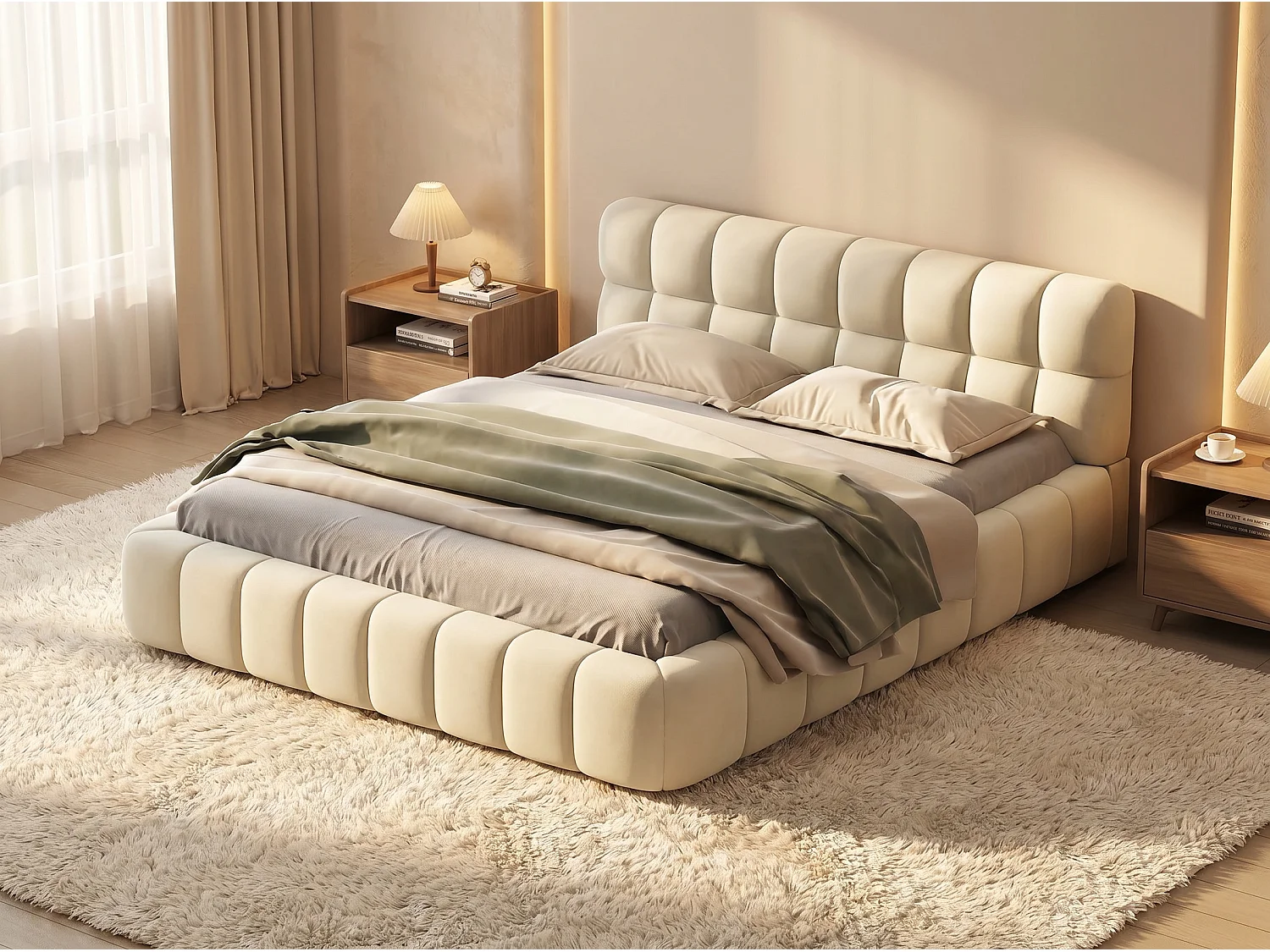 Lit double capitonné 140 x 190 cm - Tissu lin - Tête de lit souple et cadre de lit robuste - Beige