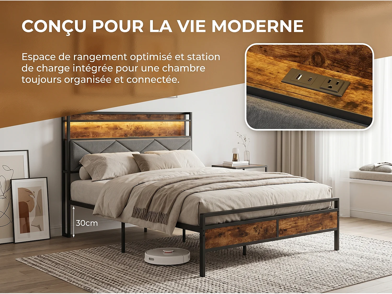 Lit industriel - Métal et bois - LED et tête de lit avec rangement